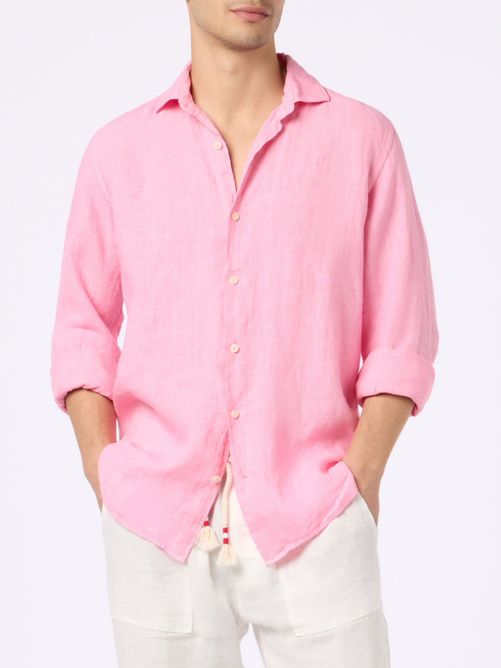 Mc2 Saint Barth Man Pink Linen Shirt Pamplona In Pink