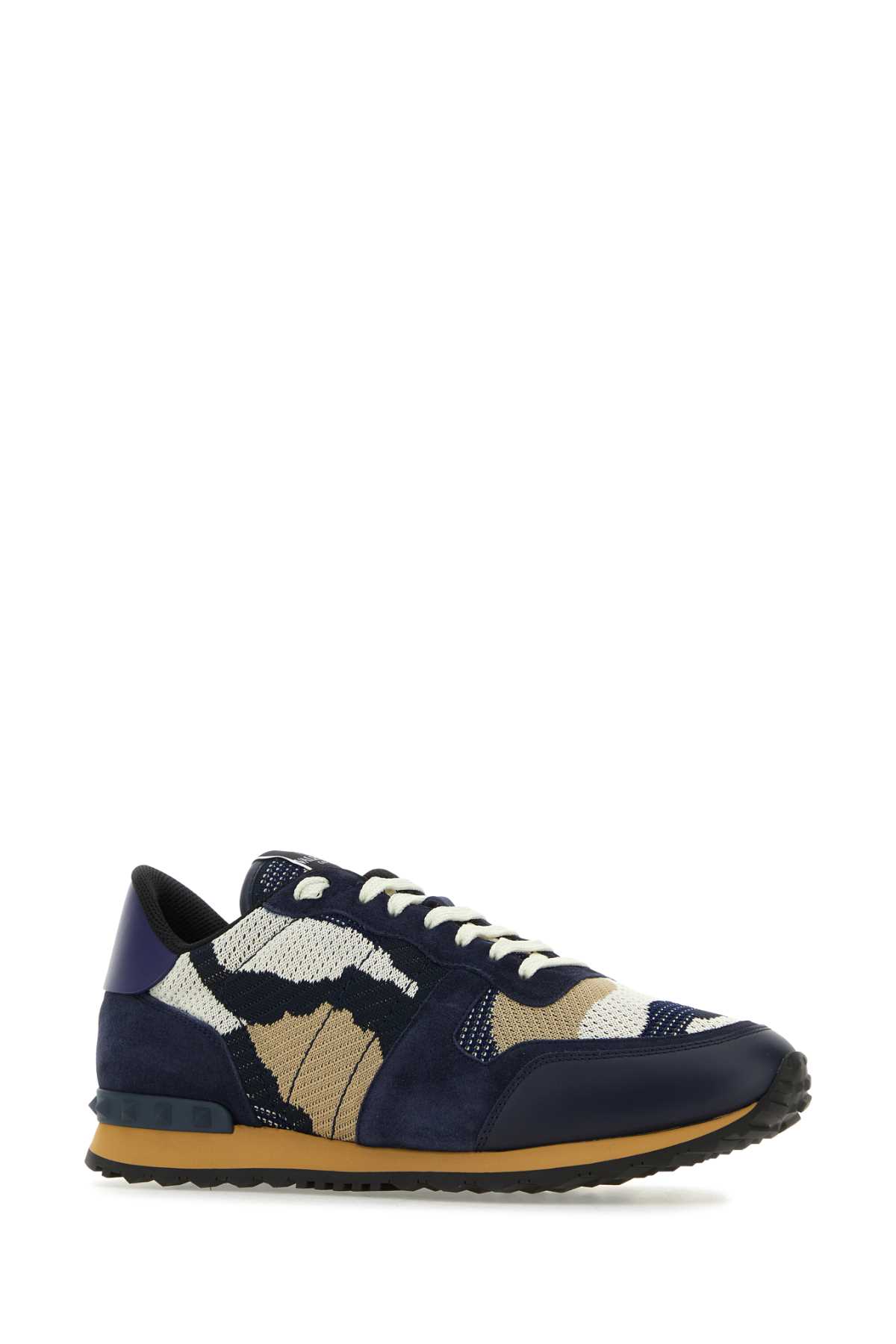 Shop Valentino Multicolor Fabric And Leather Rockrunner Camouflage Sneakers In Marinebrindigoivdbeigemamabibe