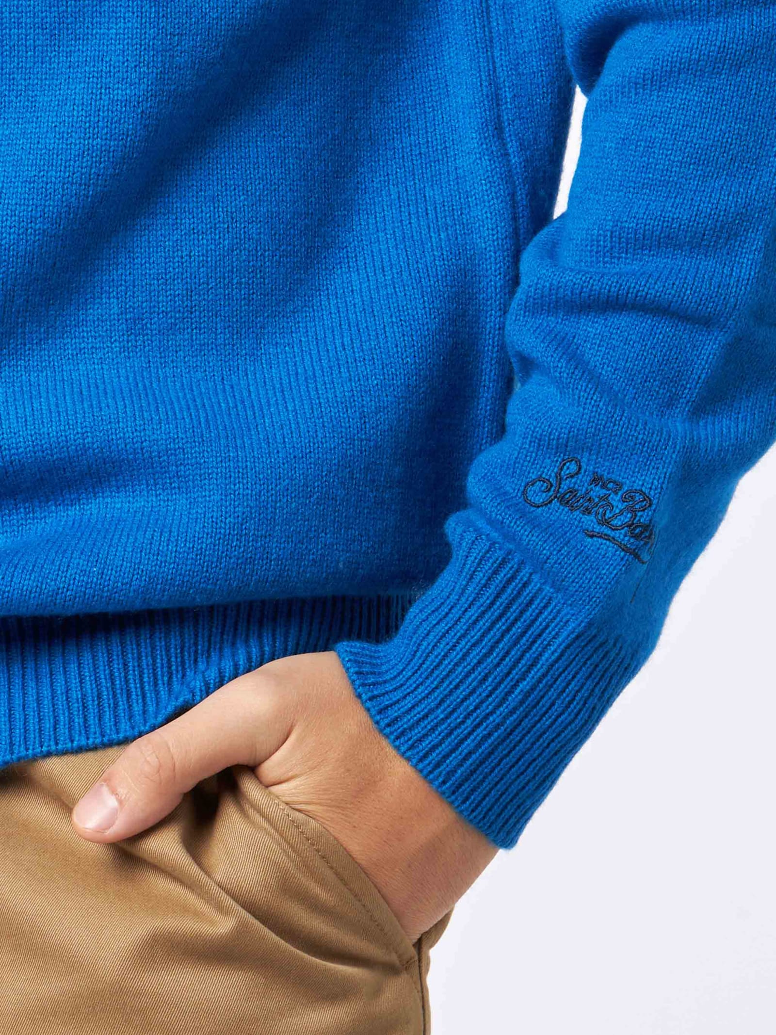 Shop Mc2 Saint Barth Man Half-turtleneck Sweater With Après Ski King Embroidery In Bluette