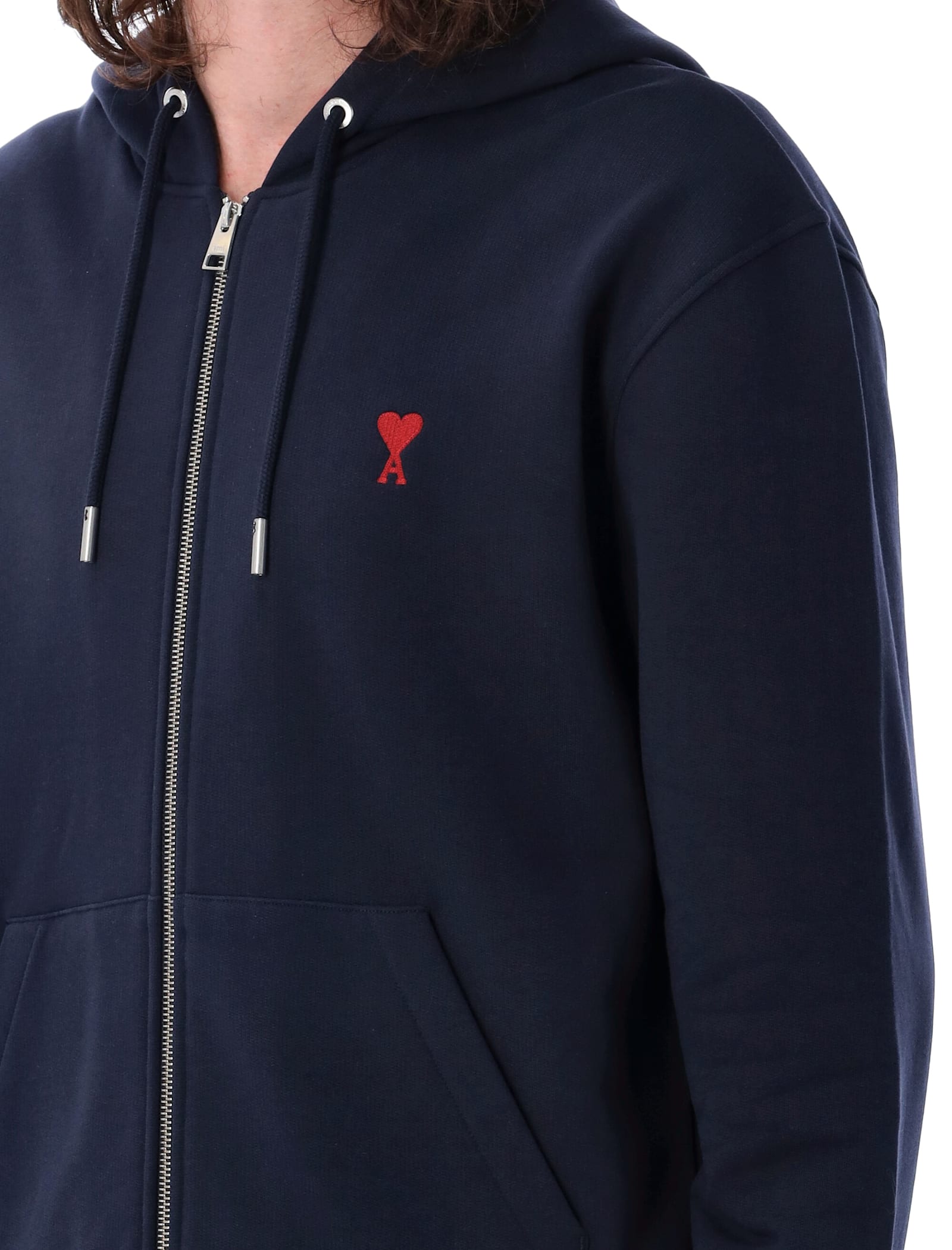 Ami Alexandre Mattiussi Ami Paris De Coeur Zipped Hoodie In Bleu Nuit