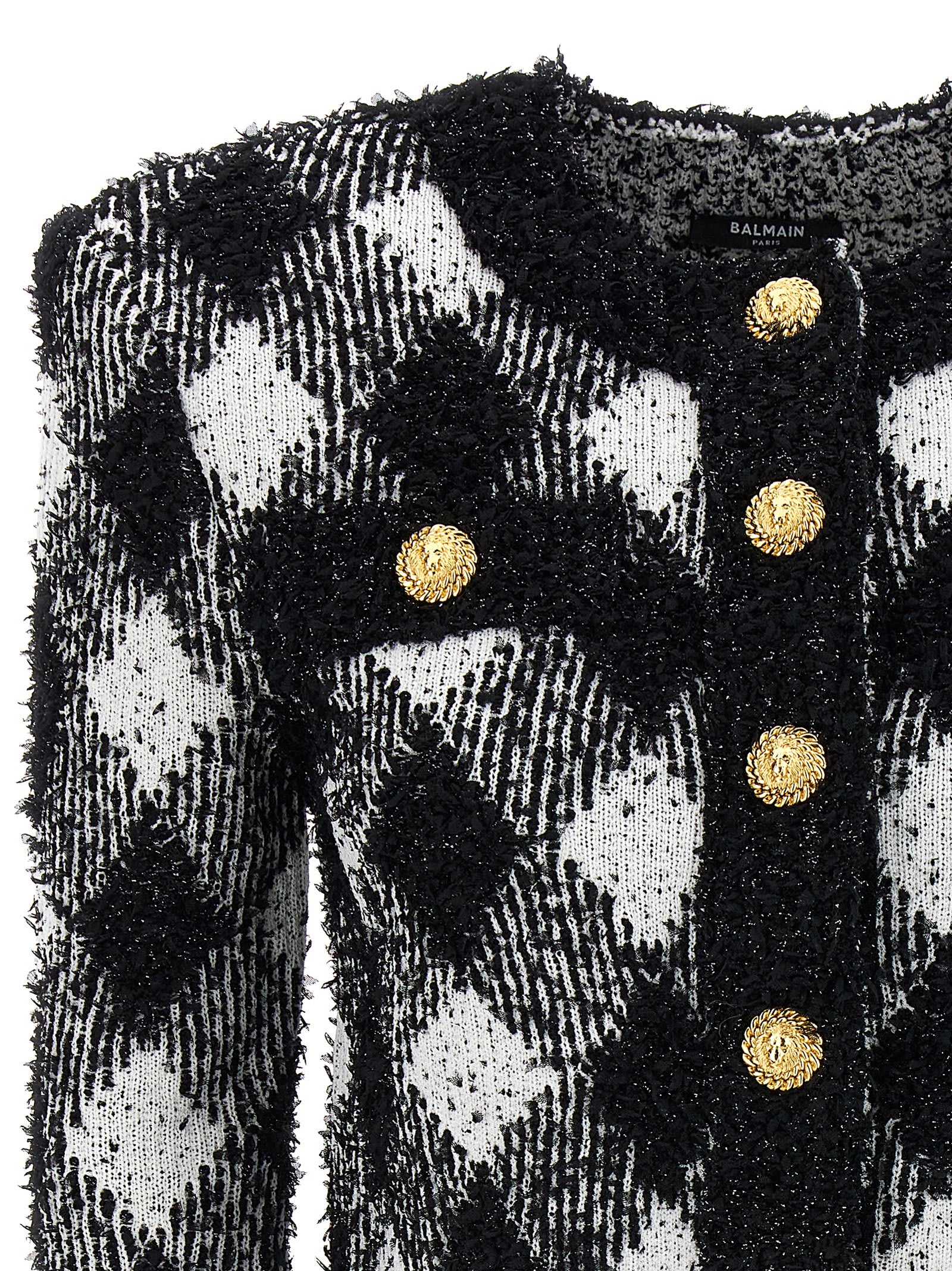 Shop Balmain Vichy Tweed Short Jacket In White/black