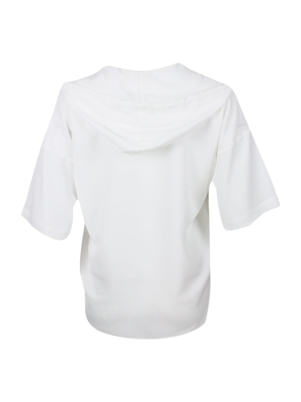 Shop Antonelli Lightweight Short-sleeved Stretch Silk Crepe Shirt With Drawstring Hood. Fluid Fit In White