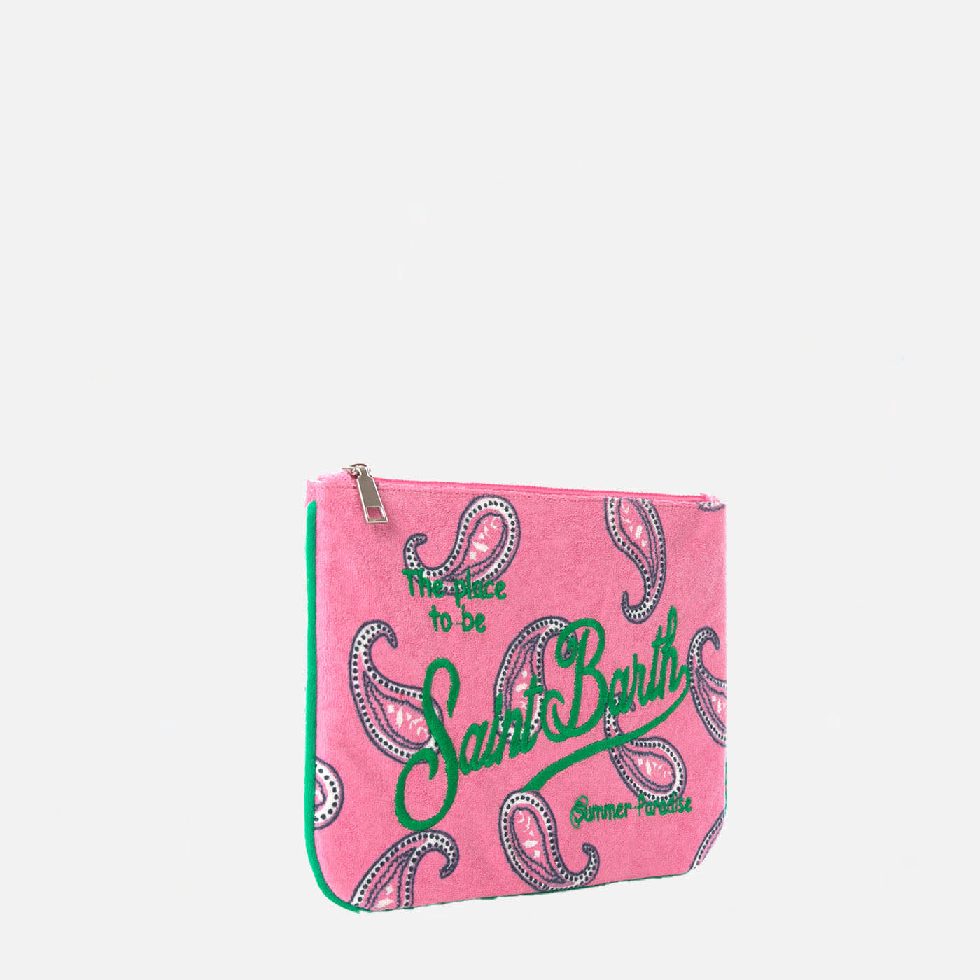 Shop Mc2 Saint Barth Parisienne Paisley Terry Pochette With Saint Barth Embroidery In Pink