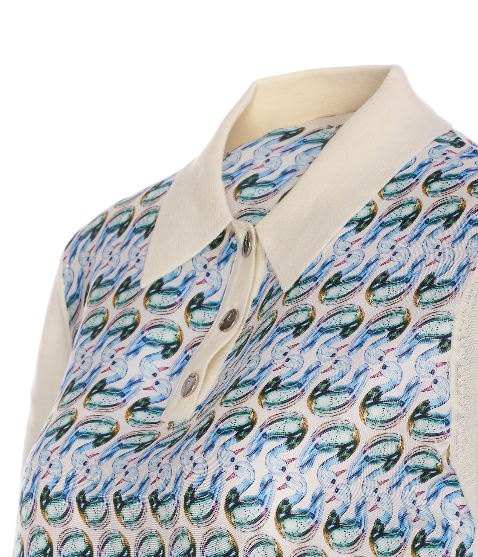 Tory Burch Patterned Front Top With Classic Polo Collar In New Ivory / Blue Lucky Duck