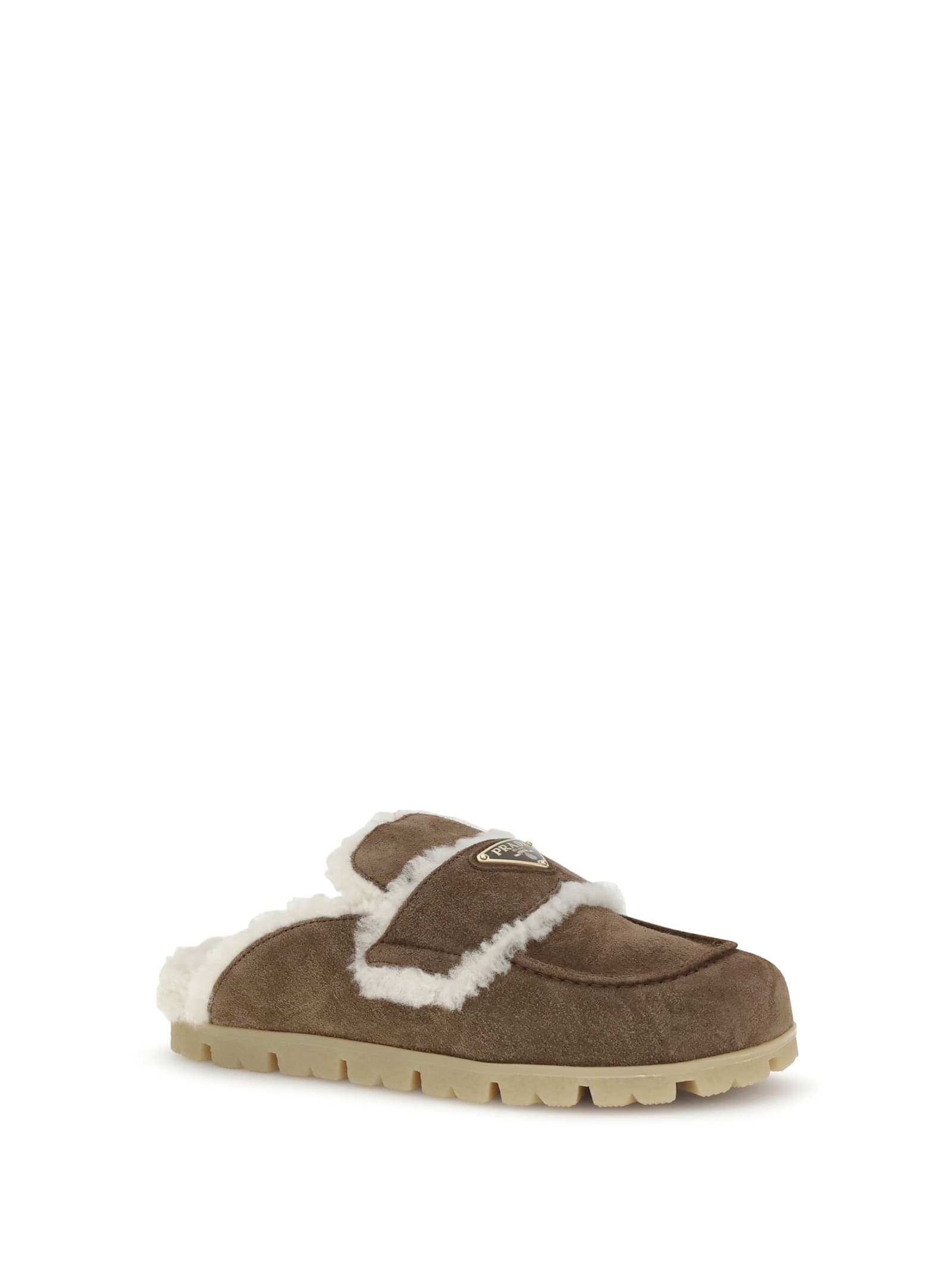 Prada Suede Shearling Cozy Loafer Mules In Brown