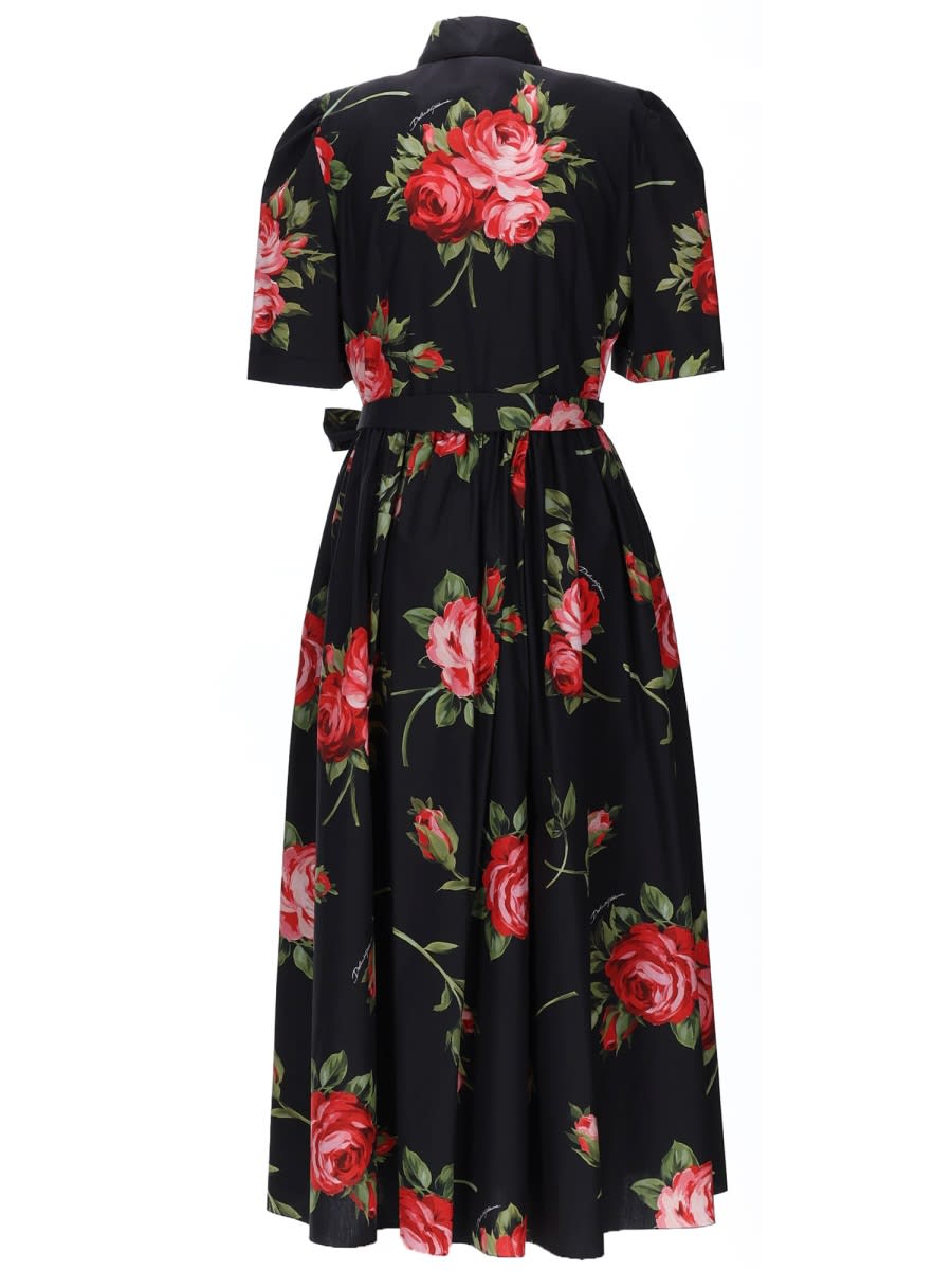 Dolce & Gabbana Belted Gathered Floral-print Cotton-poplin Midi Dress In Black