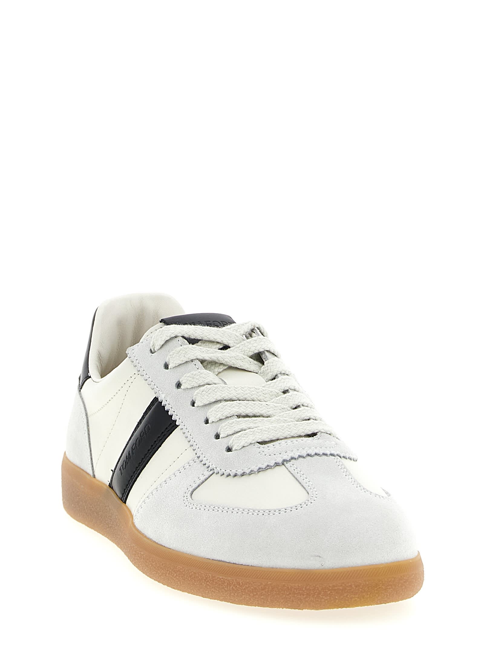 Tom Ford Archer White Low Top Sneakers With Logo Lettering On Tongue And Heel And Contrasting Heel In Leather In Gray