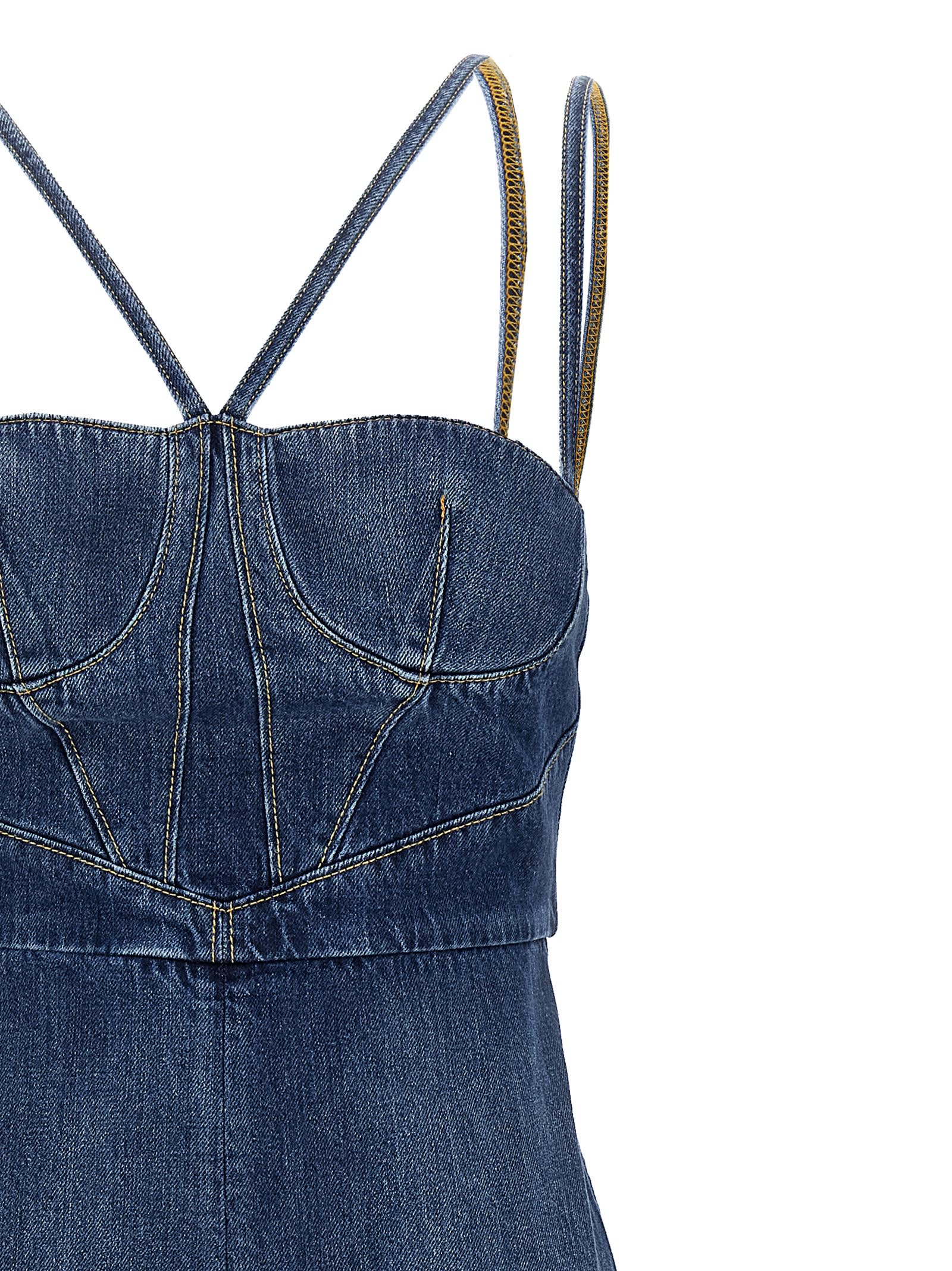 Nensi Dojaka Denim Dress Strapless Fitted Silhouette In Blue