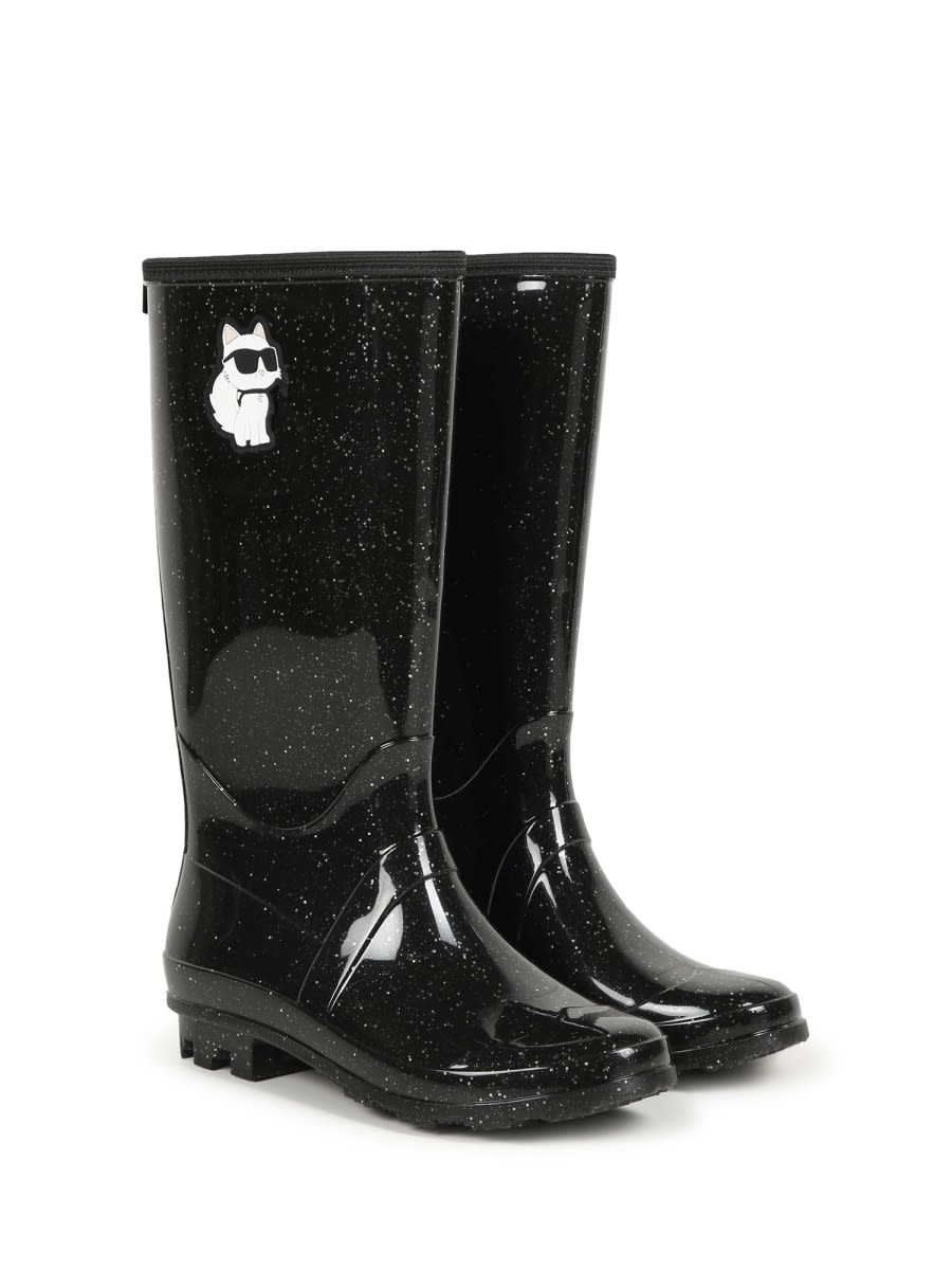Karl Lagerfeld Logo-patch Glossy Rain Boots In Black