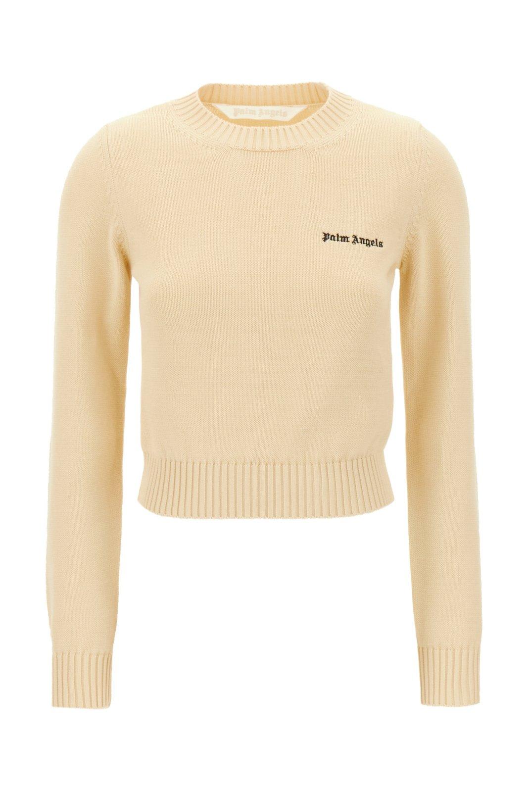 Shop Palm Angels Logo Embroidered Crewneck Knitted Jumper In Off White