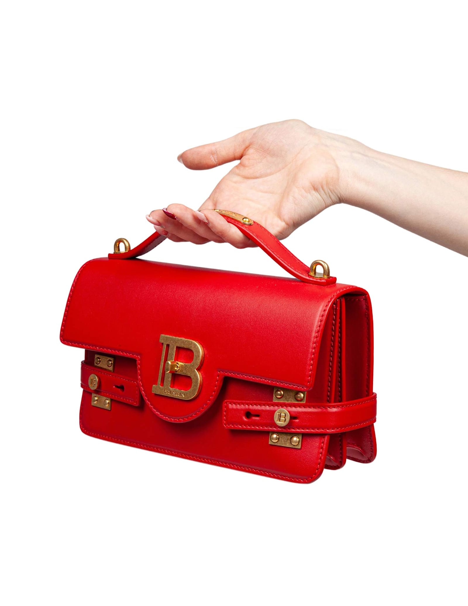Balmain B-buzz Red Leather Handbag In Rouge