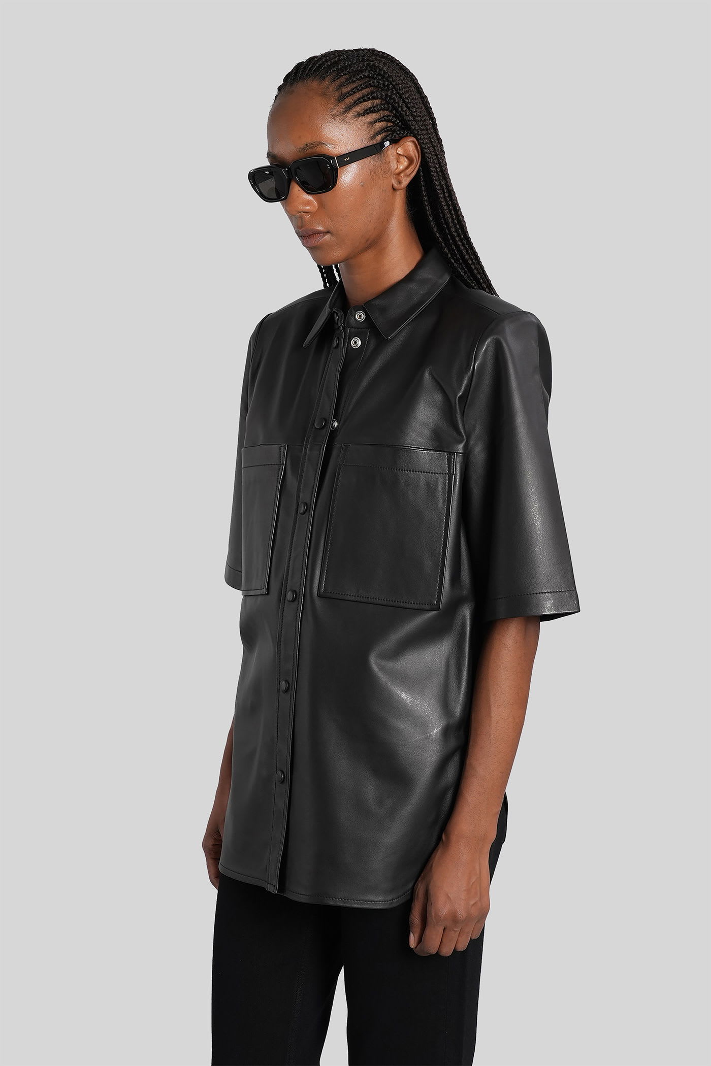 Iro Leather Short-sleeve Pocket Shirt In Black