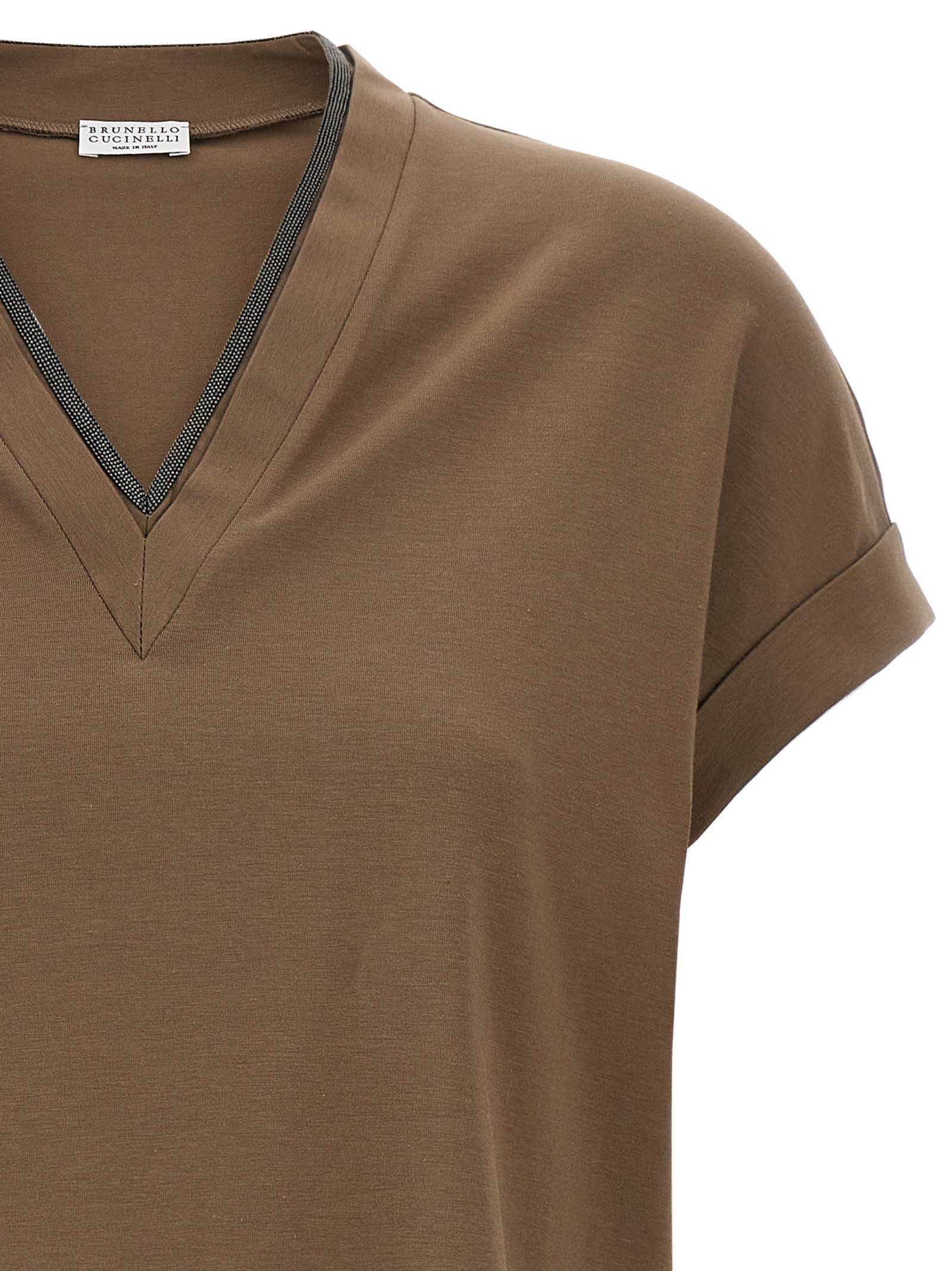 Brunello Cucinelli Rolled Cuffs V-neck Short Sleeve Top In Brown