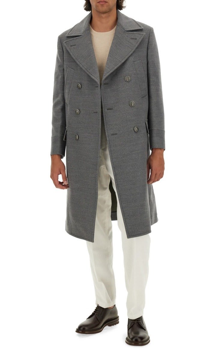 Shop Brunello Cucinelli Double-breasted Long Coat In Grigio Medio/militare