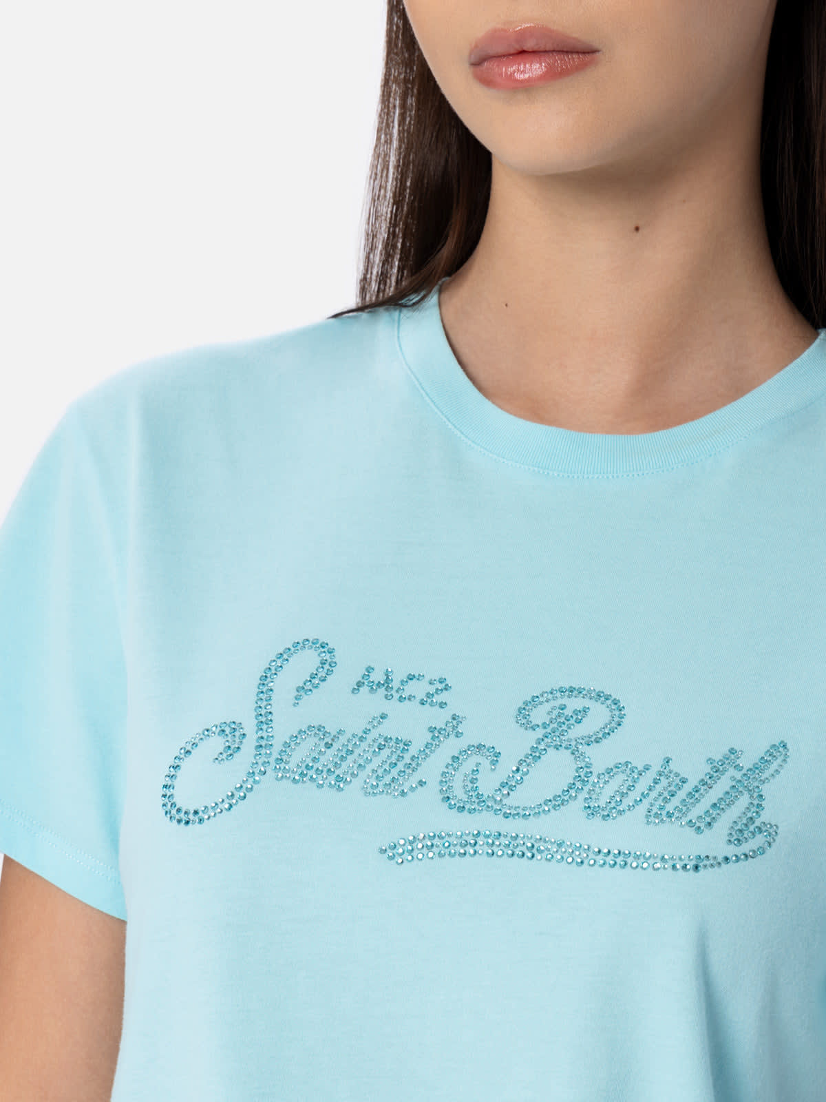 Mc2 Saint Barth Woman Water Green Cotton Jersey Crewneck T-shirt Emilie With Rhinestones In Green
