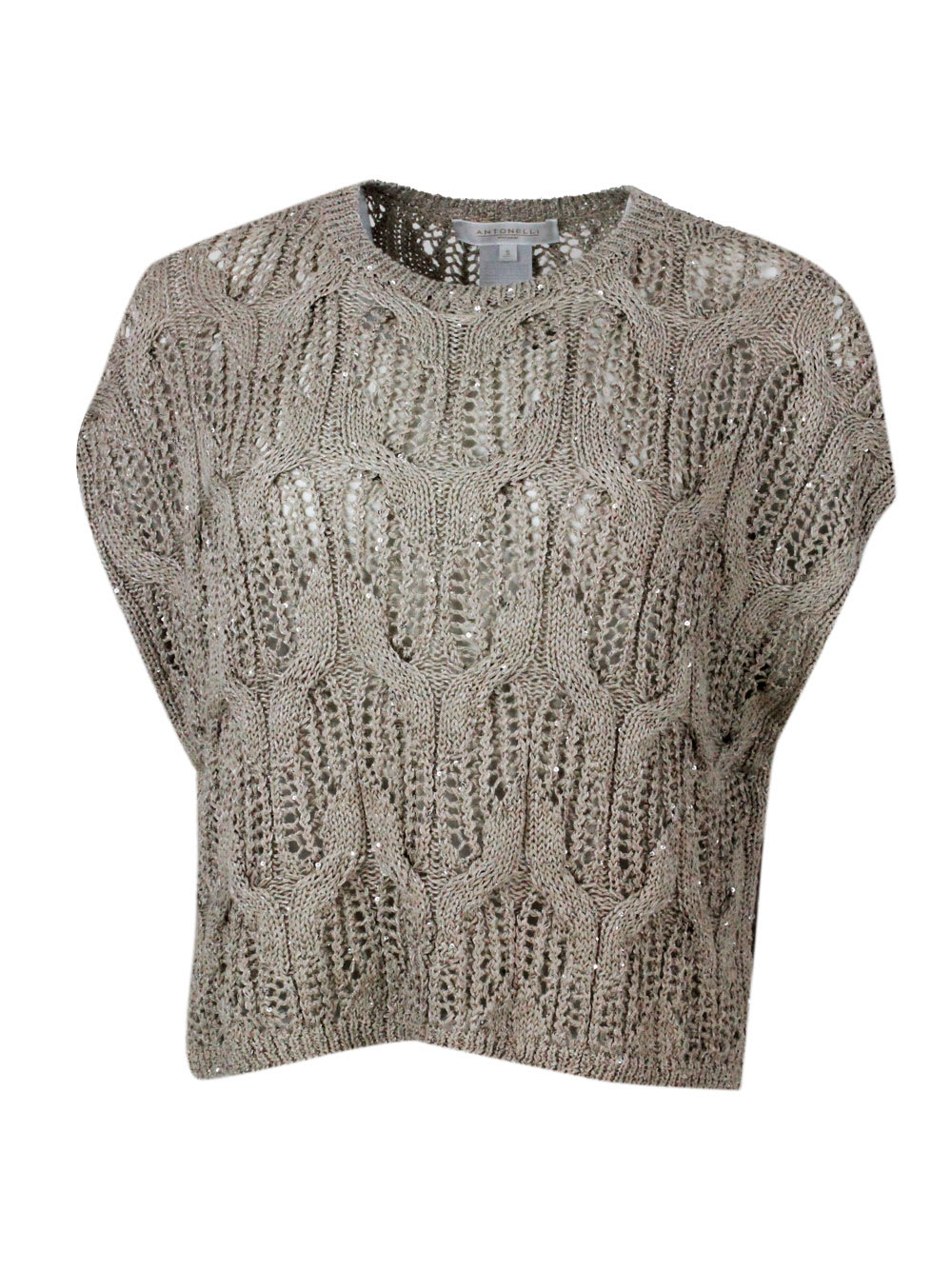 Sleeveless Crew-neck Sweater With Cable Knit Embellished With Cotton And Linen Microsequins