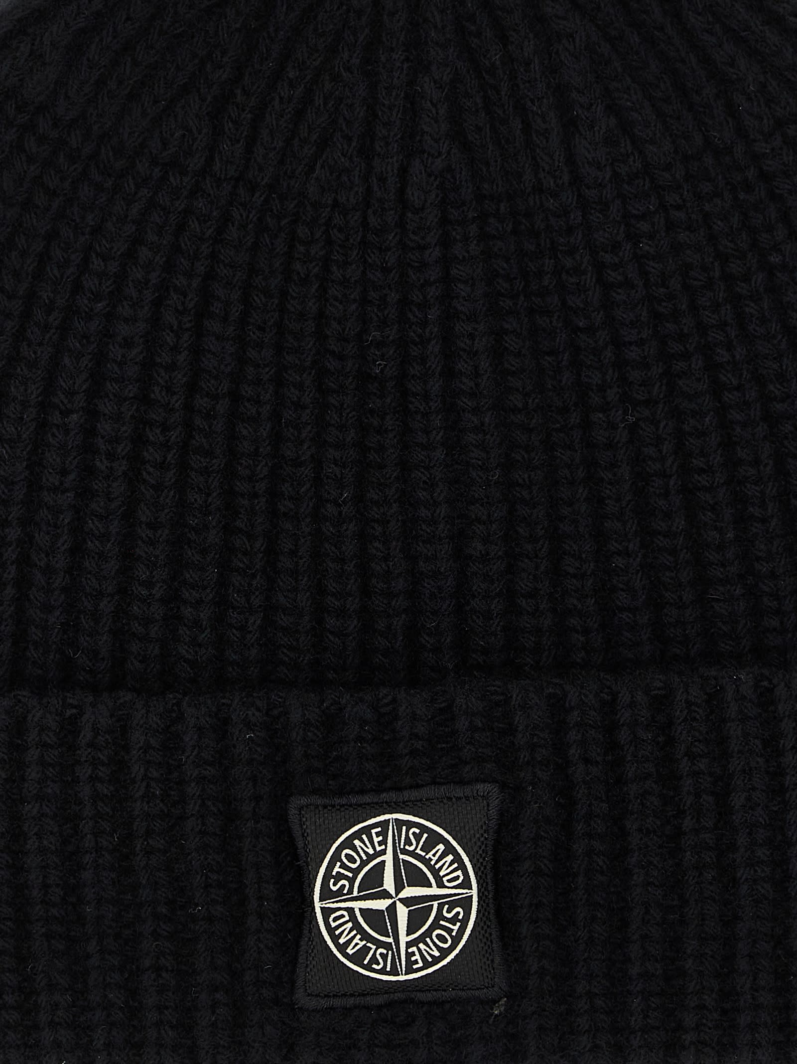 Stone Island Ribbed Knit Beanie With Compass Logo Patch In Black