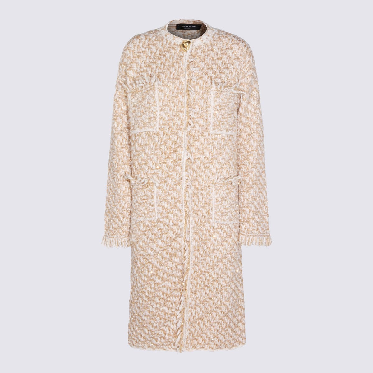 Fabiana Filippi Textured Fabric Coat With Fringe And Pockets In Neutral