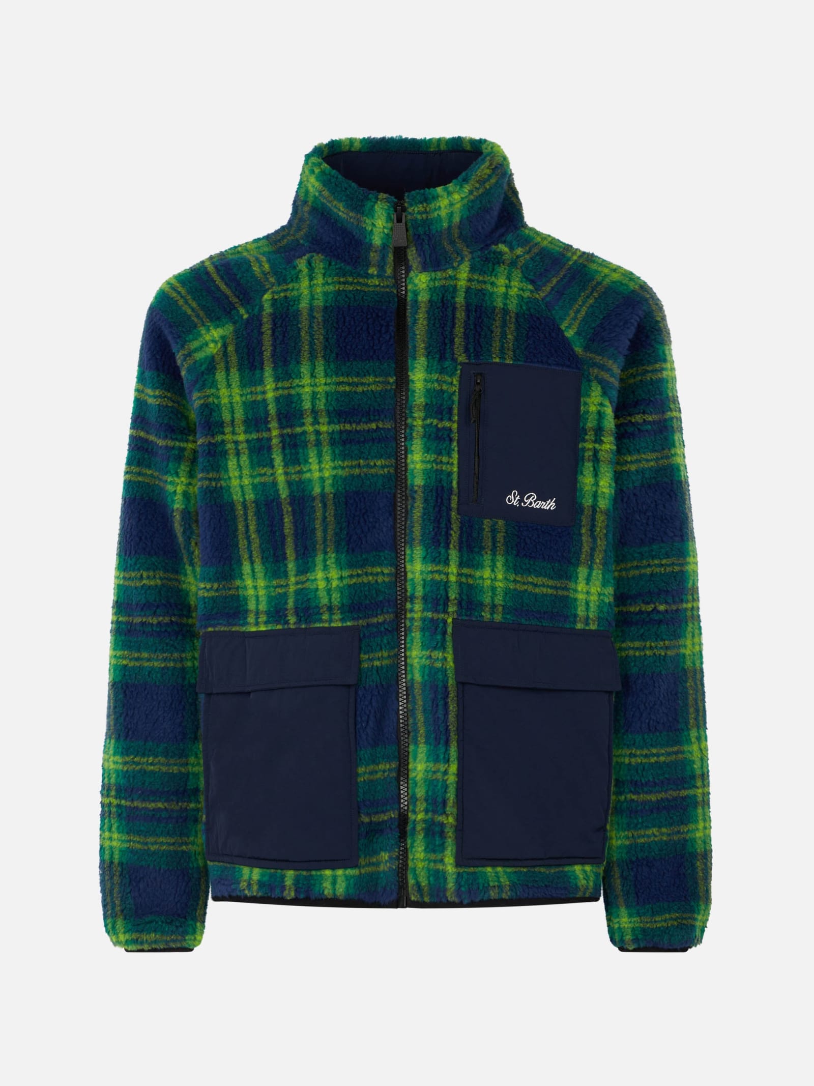 Shop Mc2 Saint Barth Man Sherpa Jacket With Tartan Print In Blue