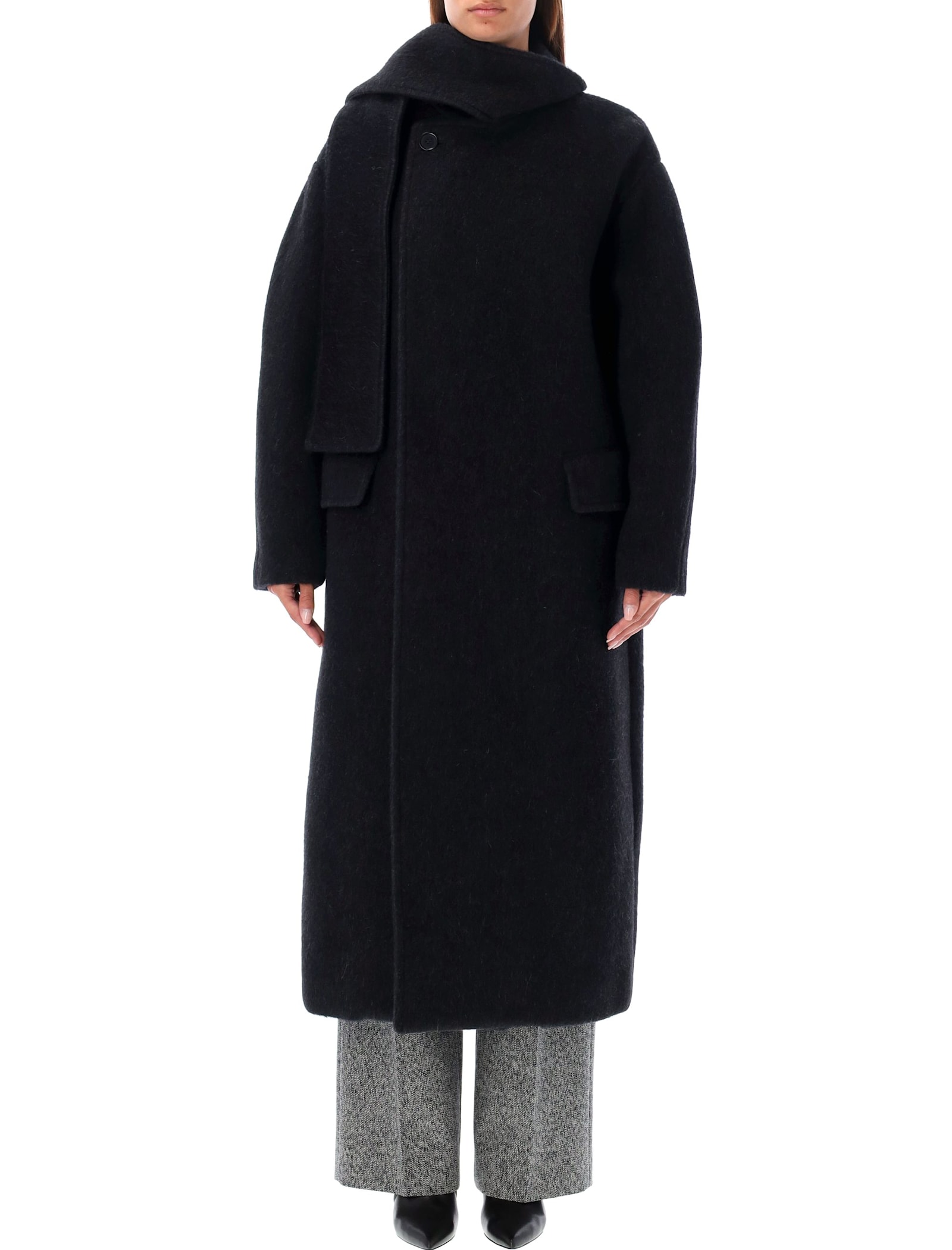 Shop Msgm Scarfed Collar Long Coat In Black