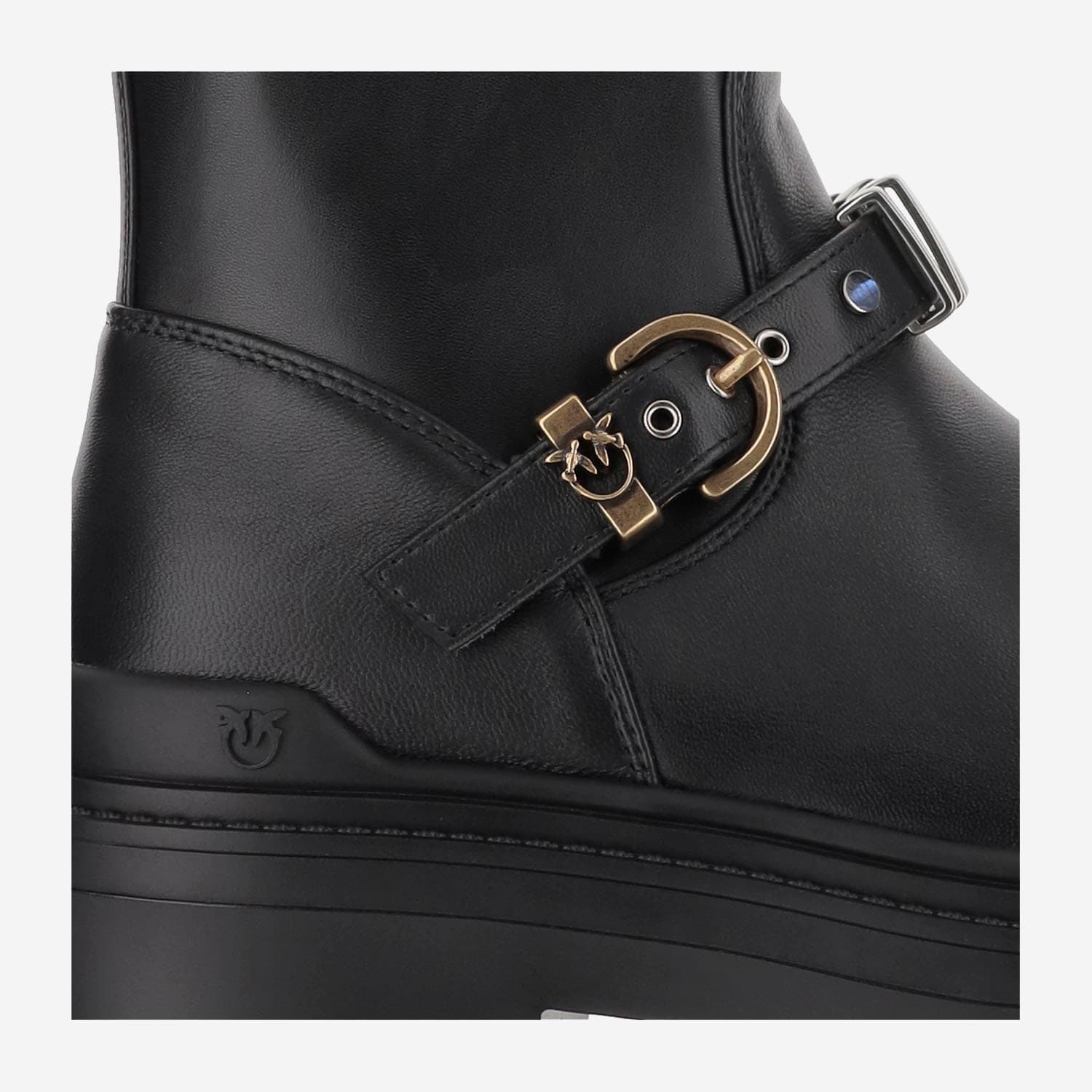 Pinko Rounded Toe Black Leather Ankle Boots With Front Strap In Black