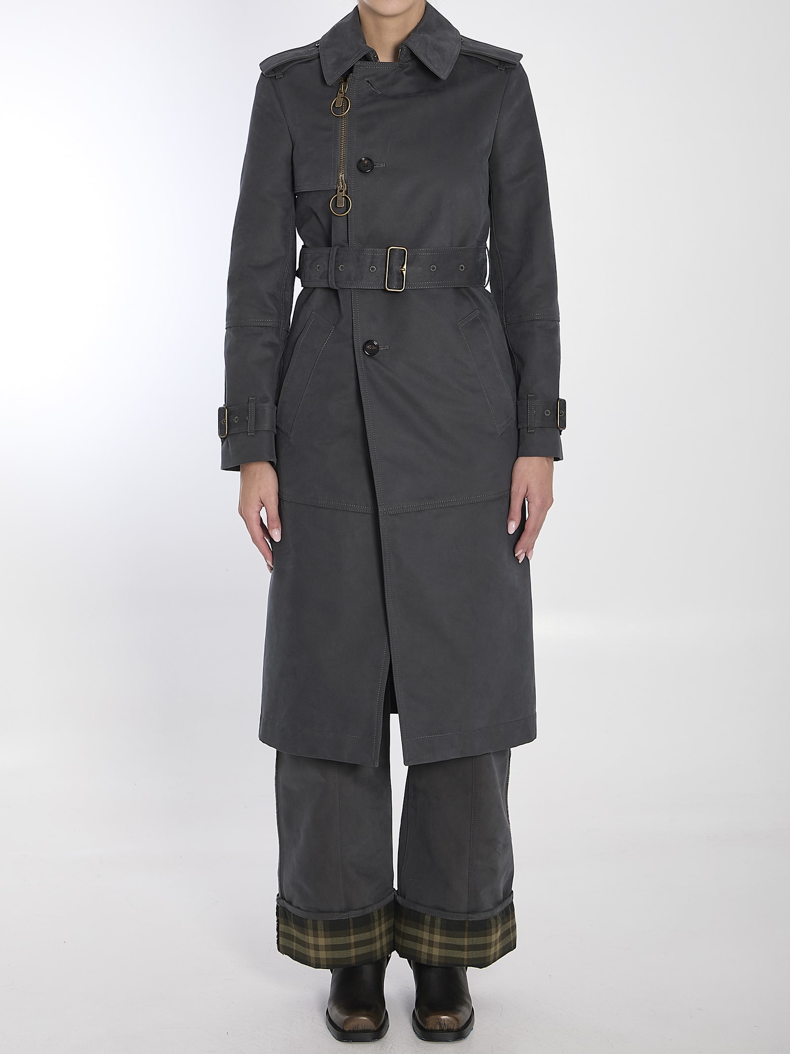 Shop Burberry Long Trench Coat In Cotton And Nylon In Grey