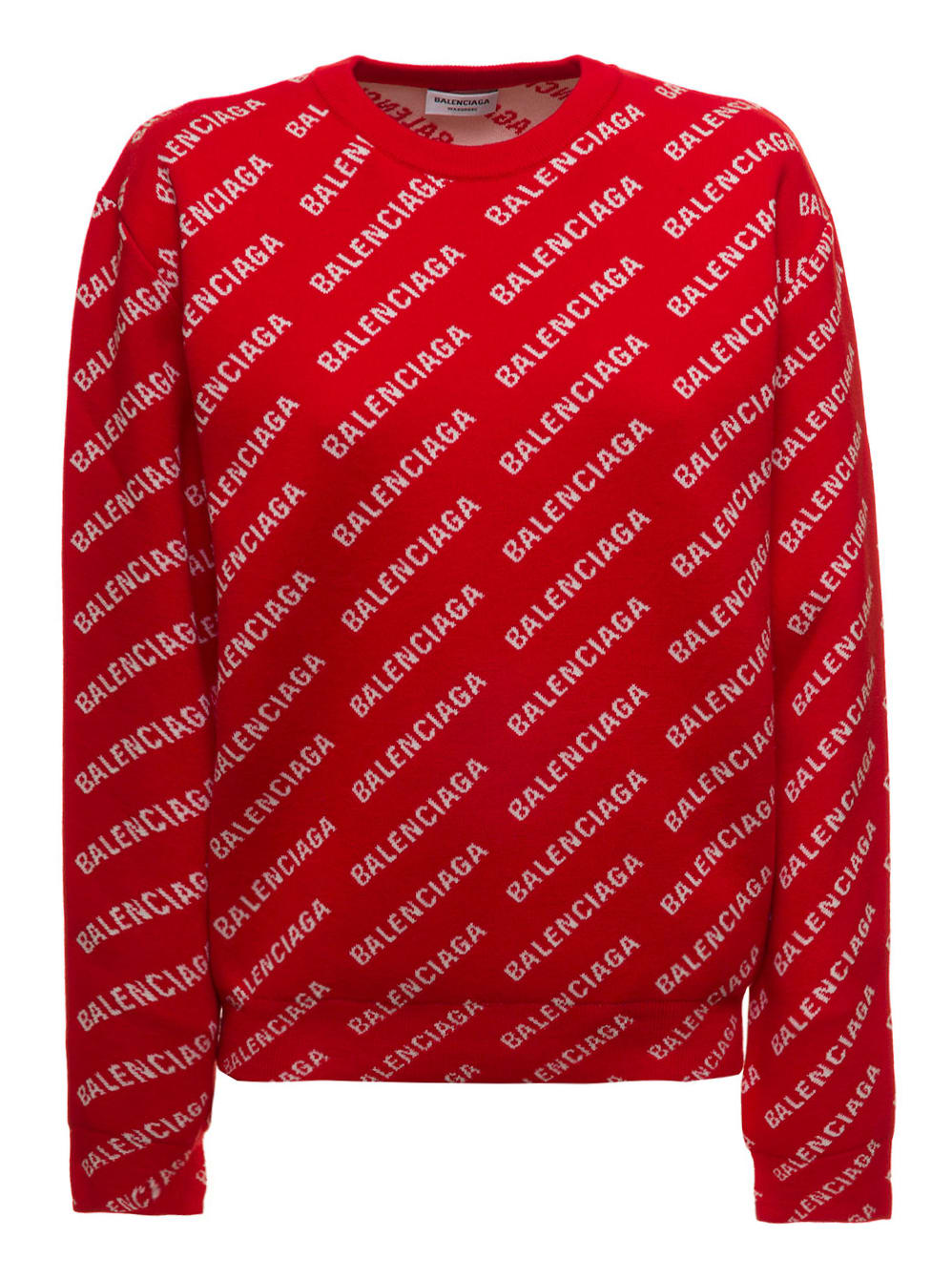 Balenciaga Womans Red Crew Neck Cotton Knit Pullover With Allover Logo