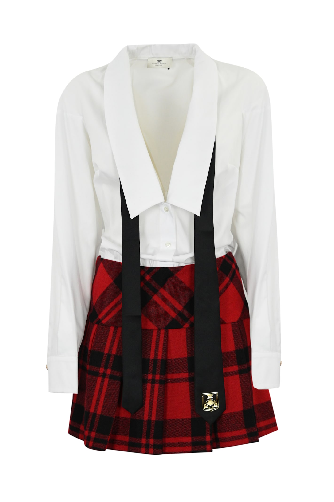 Shop Elisabetta Franchi Suit With Tartan Skirt And Tie In Bianco/red Passion