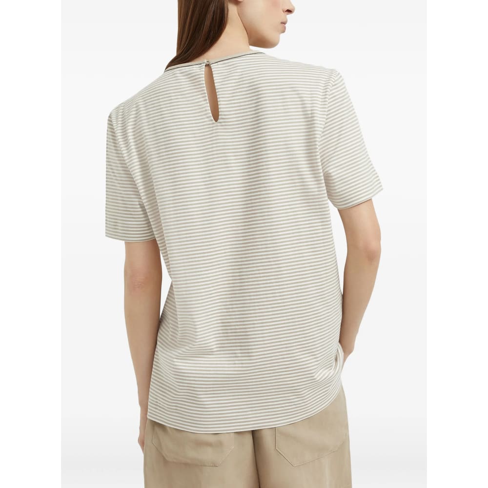 Brunello Cucinelli Striped Crew Neck T-shirt With Keyhole Detail In Neutral
