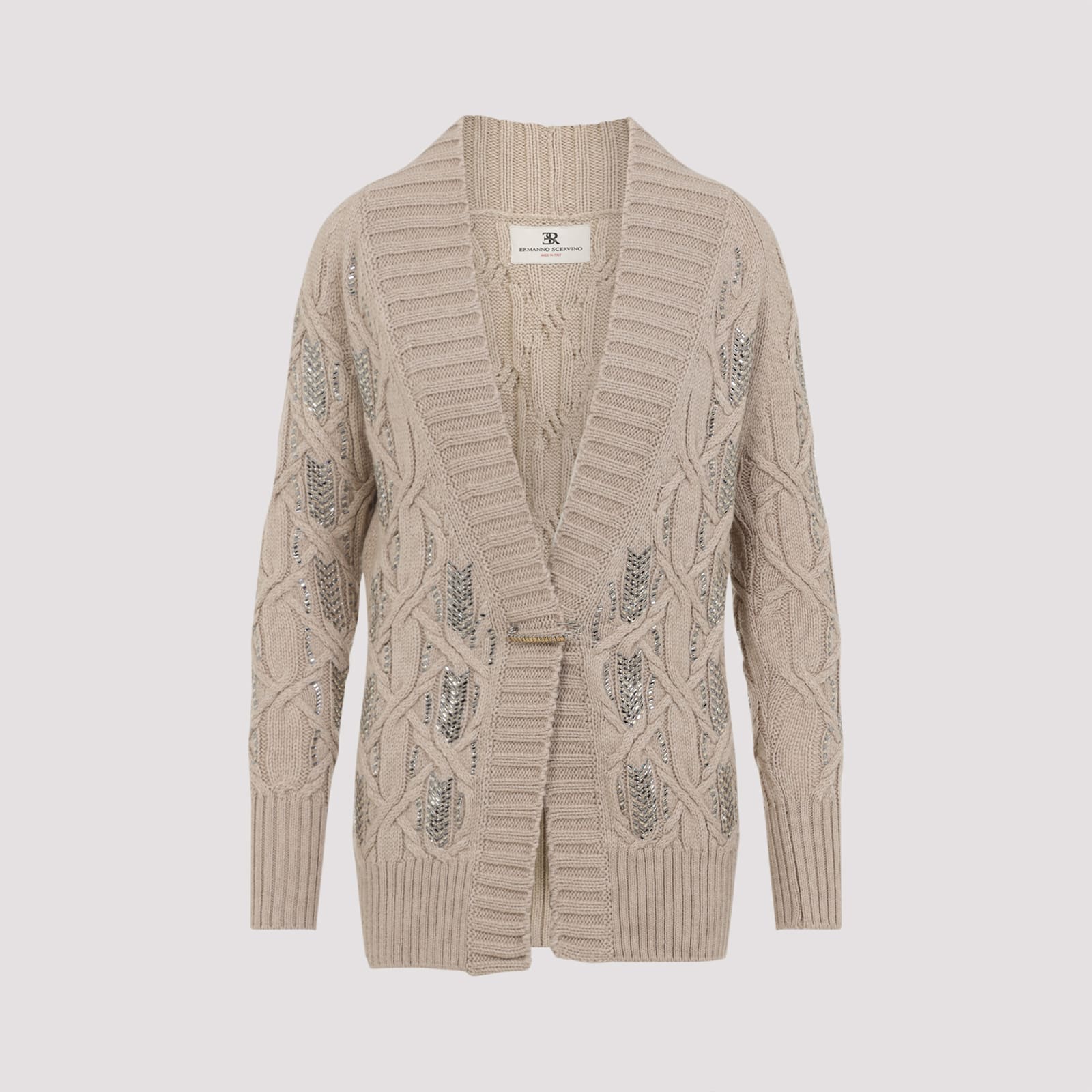 Ermanno Scervino Crystal-embellished Cable-knit Cardigan In Brown
