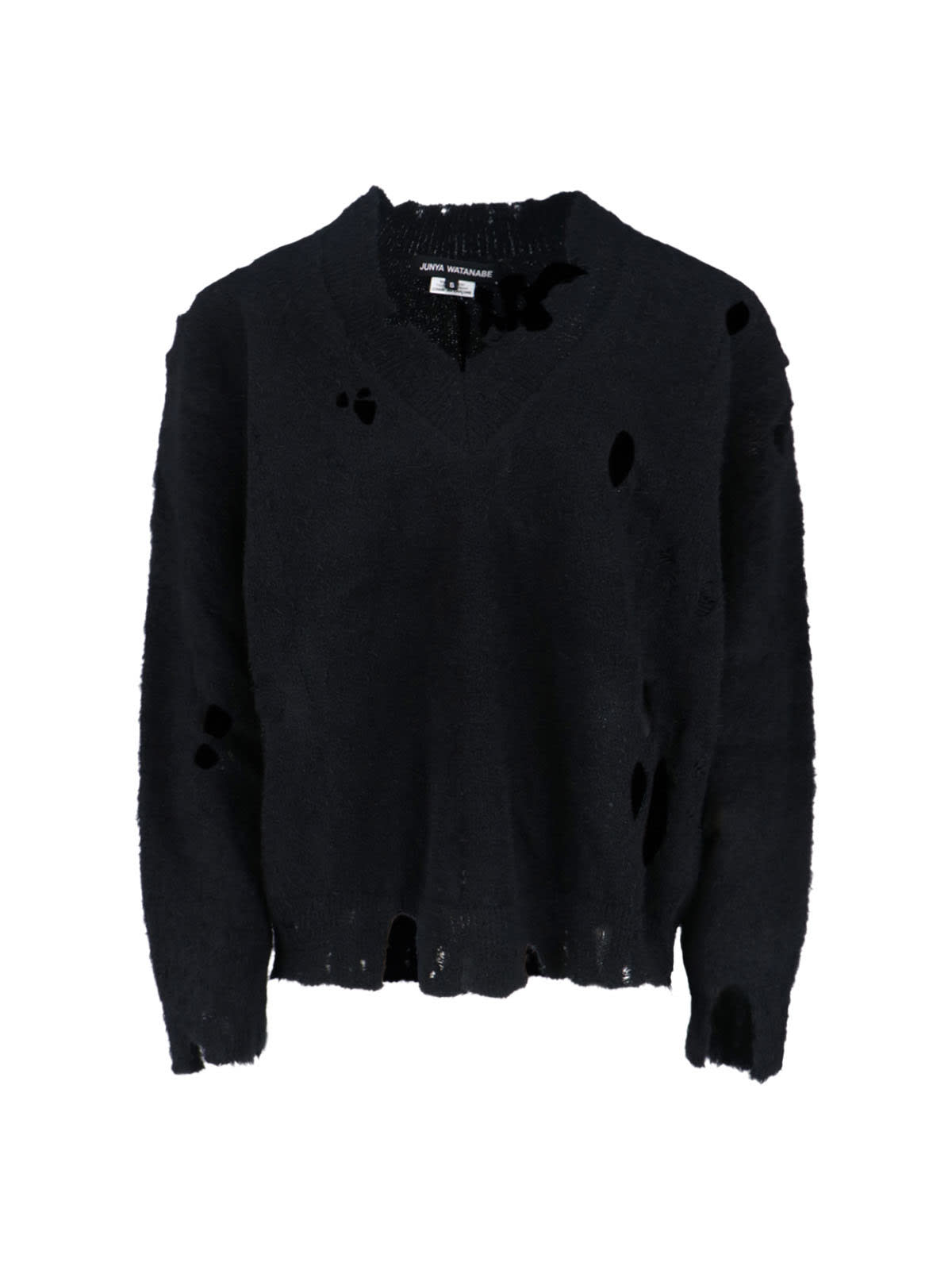 Junya Watanabe V-neck Knitwear With Distressed Long Sleeves In Black