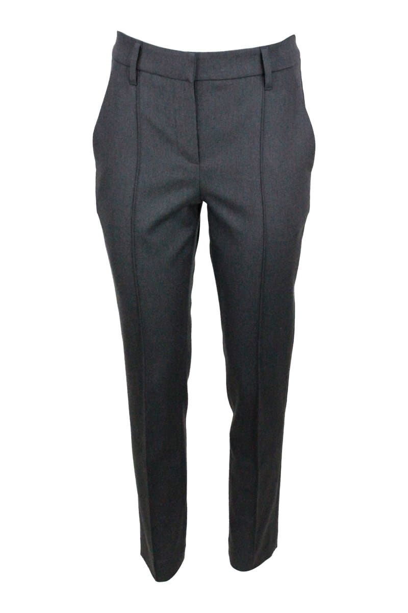 Shop Brunello Cucinelli Stretch Cotton Drill Trousers With Monili On The Back Loop In Grey