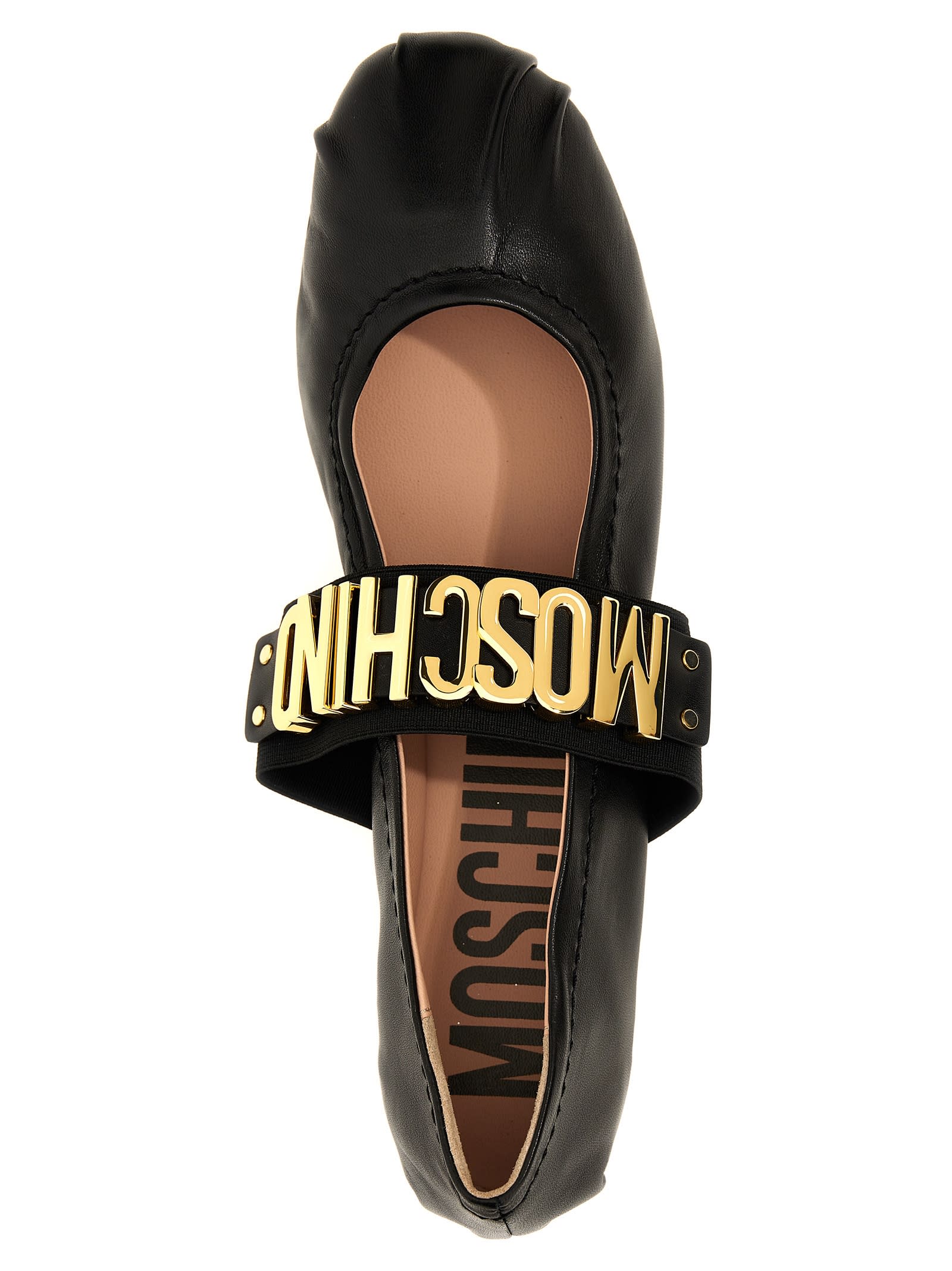Shop Moschino Logo Leather Ballet Flats In Black