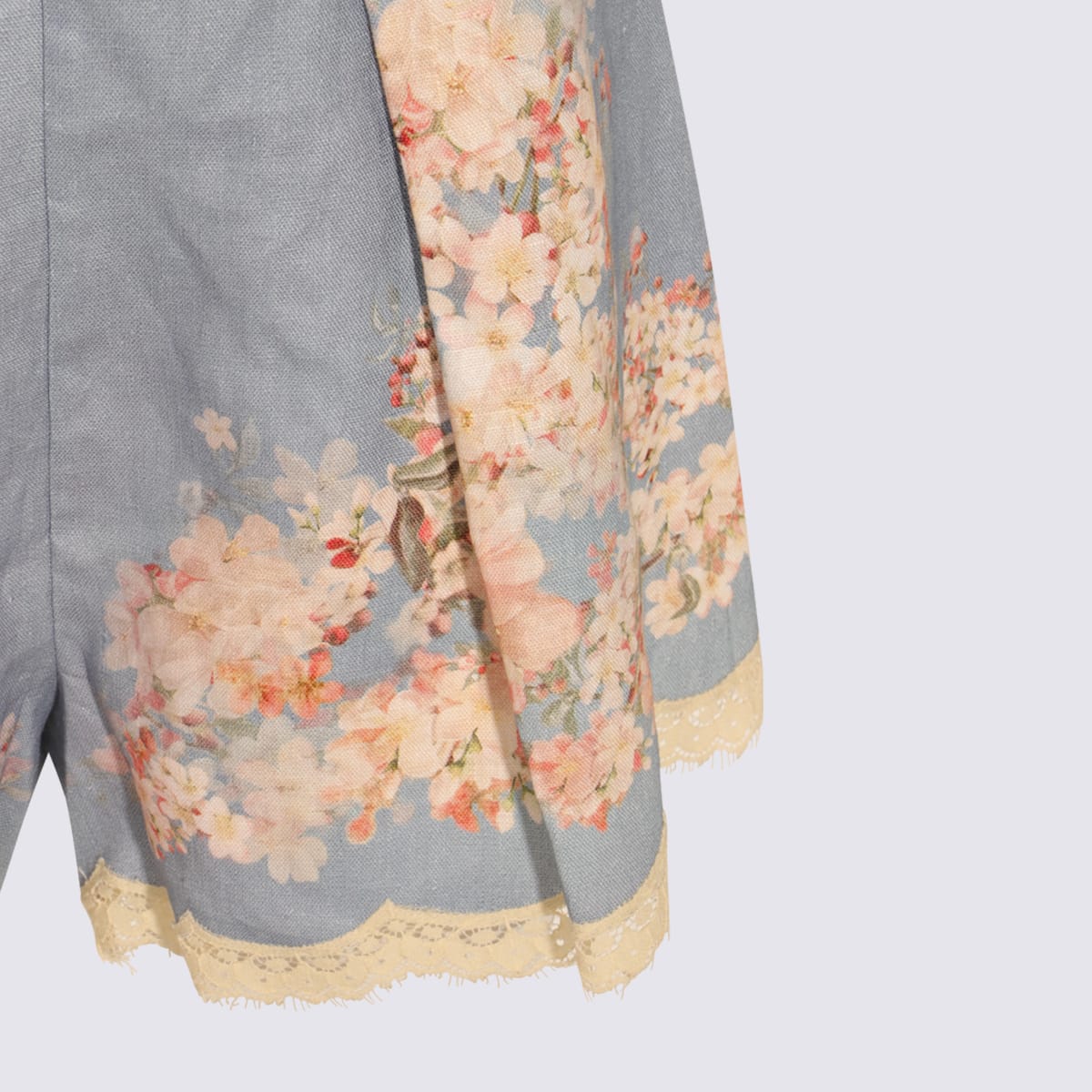 Zimmermann Cascadian Belted Lace-trimmed Pleated Floral-print Linen Shorts In Blue