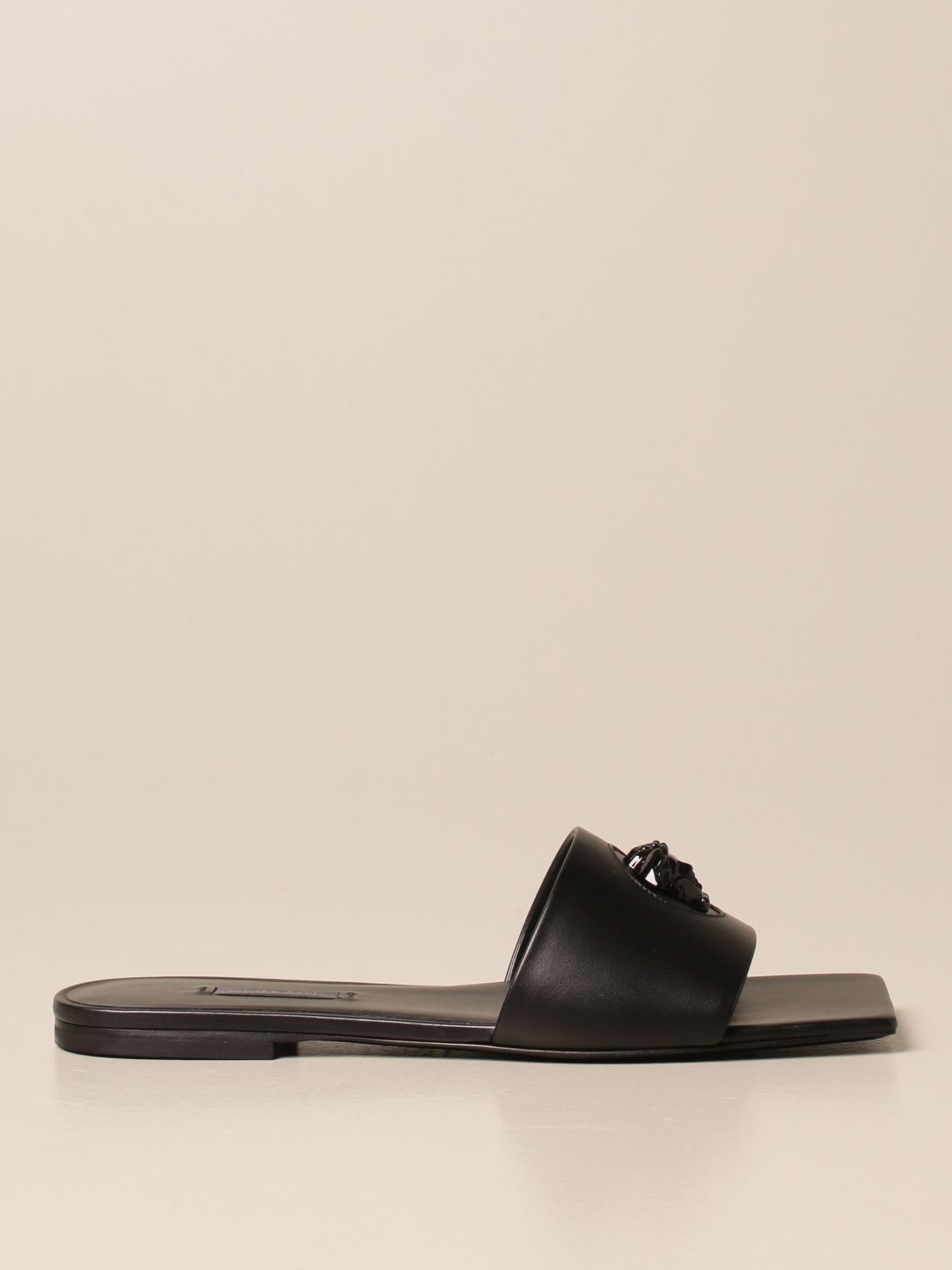 Buy Versace Flat Sandals Slide Versace Sandal In Leather With Medusa Head online, shop Versace shoes with free shipping