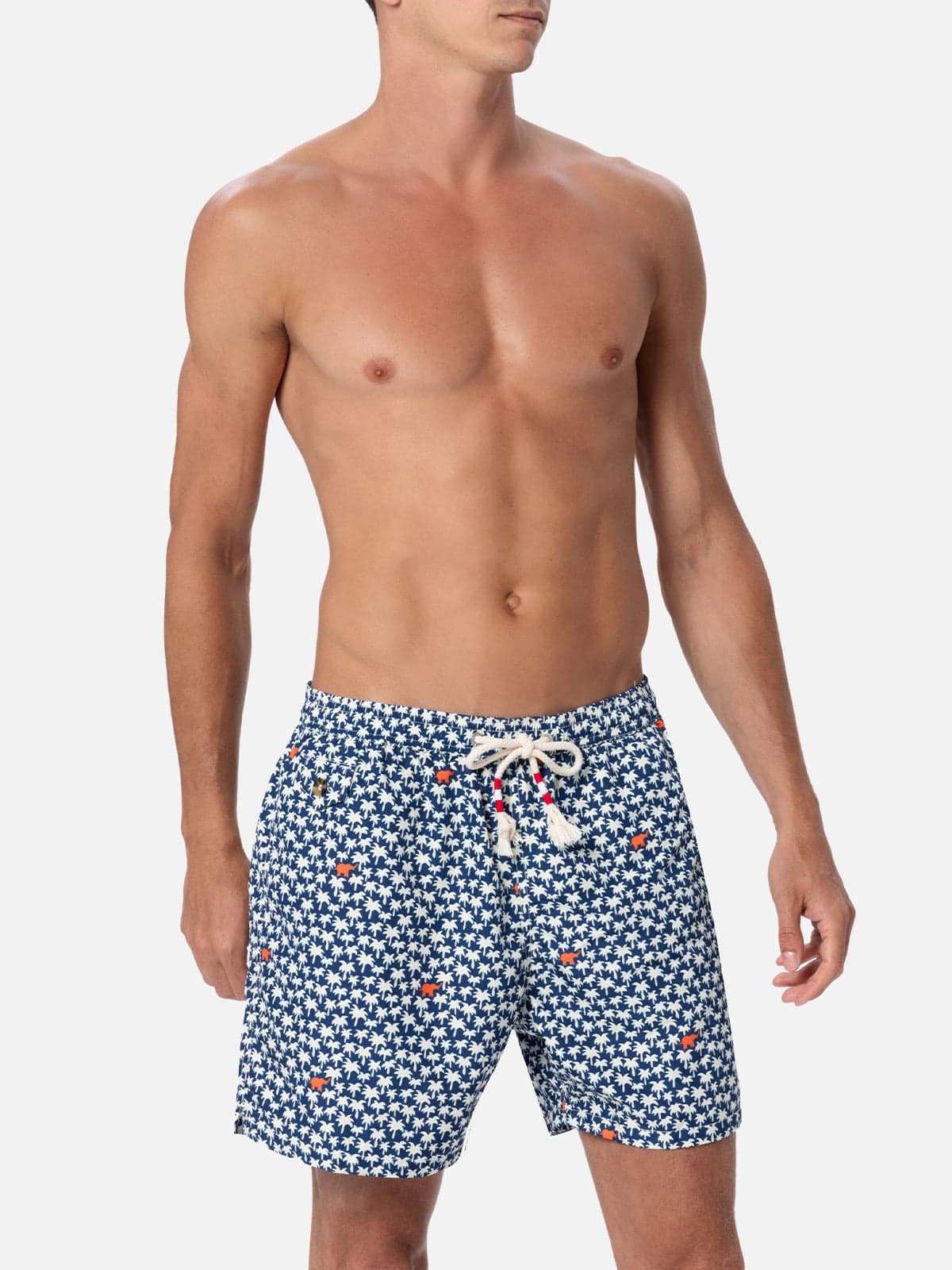 Mc2 Saint Barth Man Lightweight Fabric Swim-shorts Lighting 70 With Palm Print In Blue