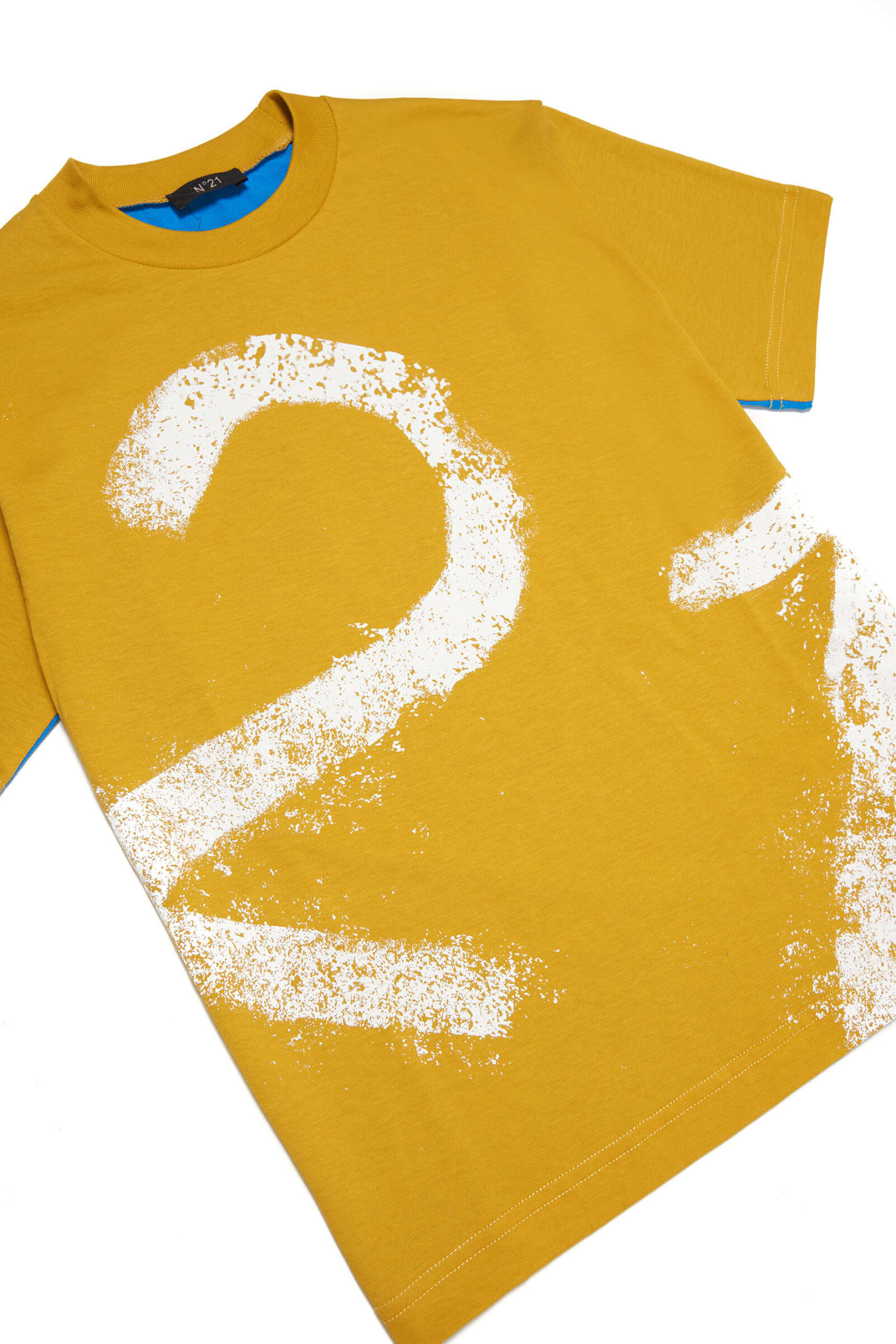 N°21 yellow and light blue two-tone jersey t-shirt with vintage effect logo  for children