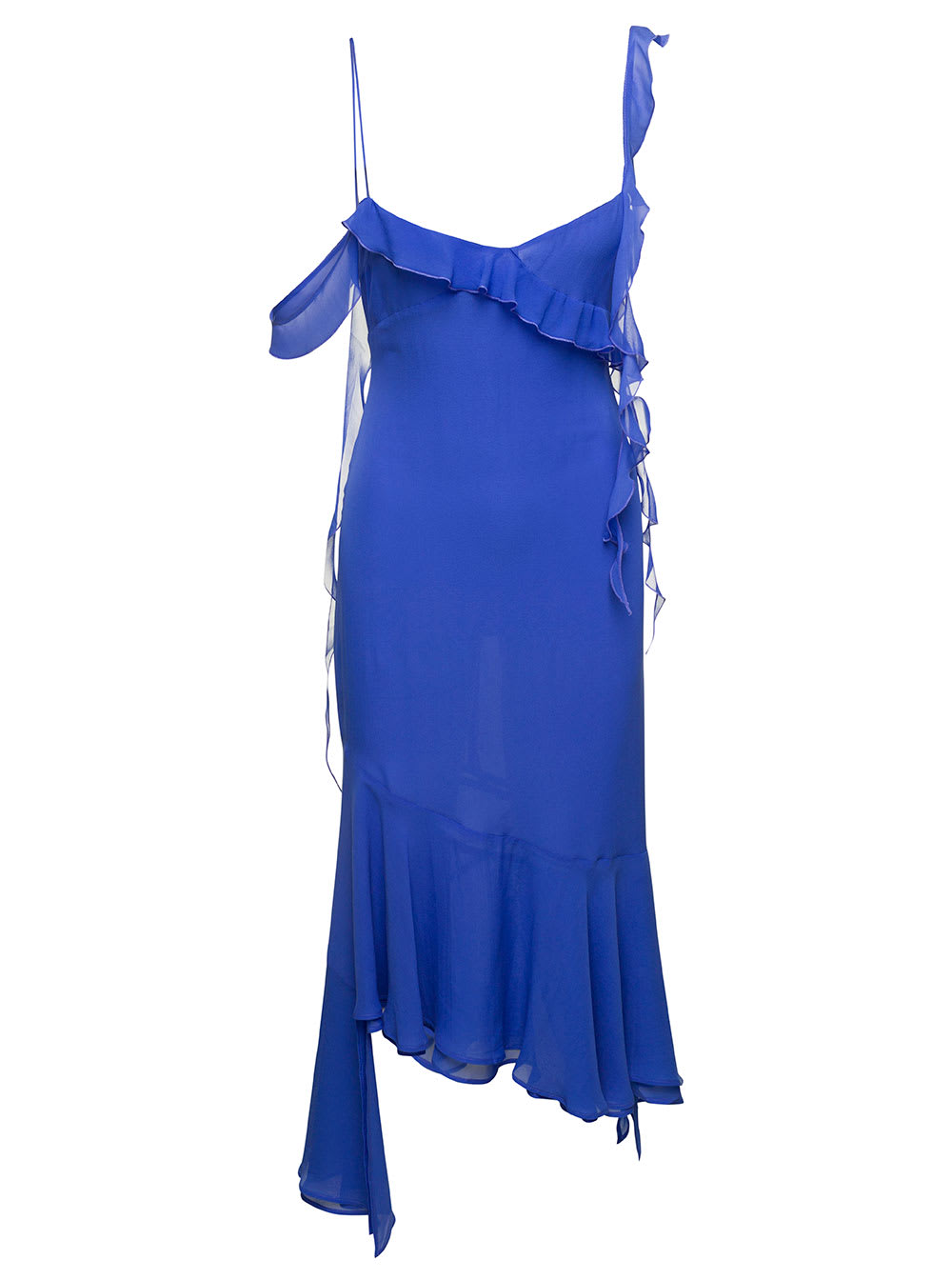 Asymmetric Miranda Midi Dress With Ruffle-detailing In Blue Silk Woman
