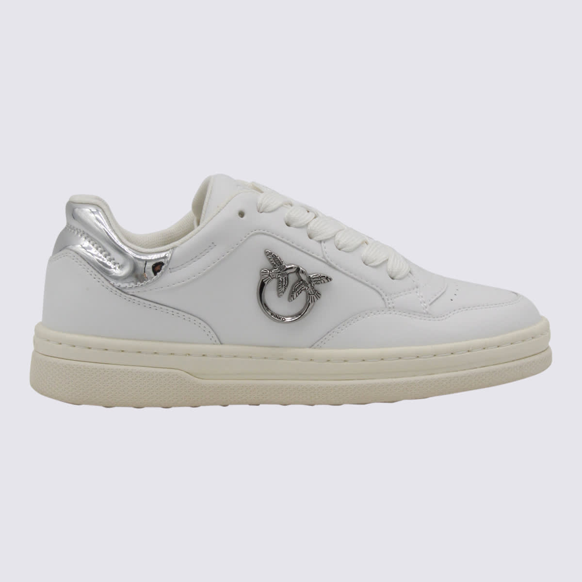 Pinko White Leather Sneakers With Metallic Accents In White