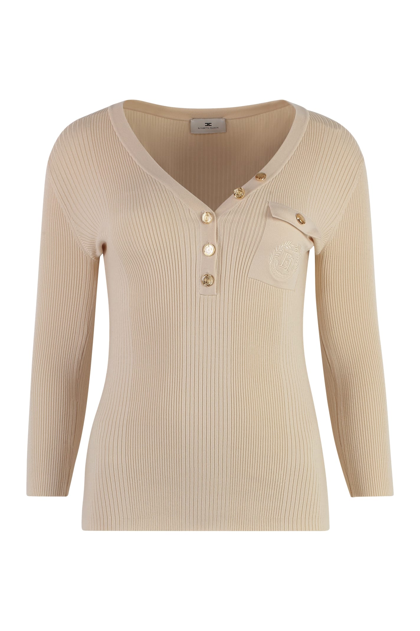 Shop Elisabetta Franchi Ribbed Knit Top In Beige