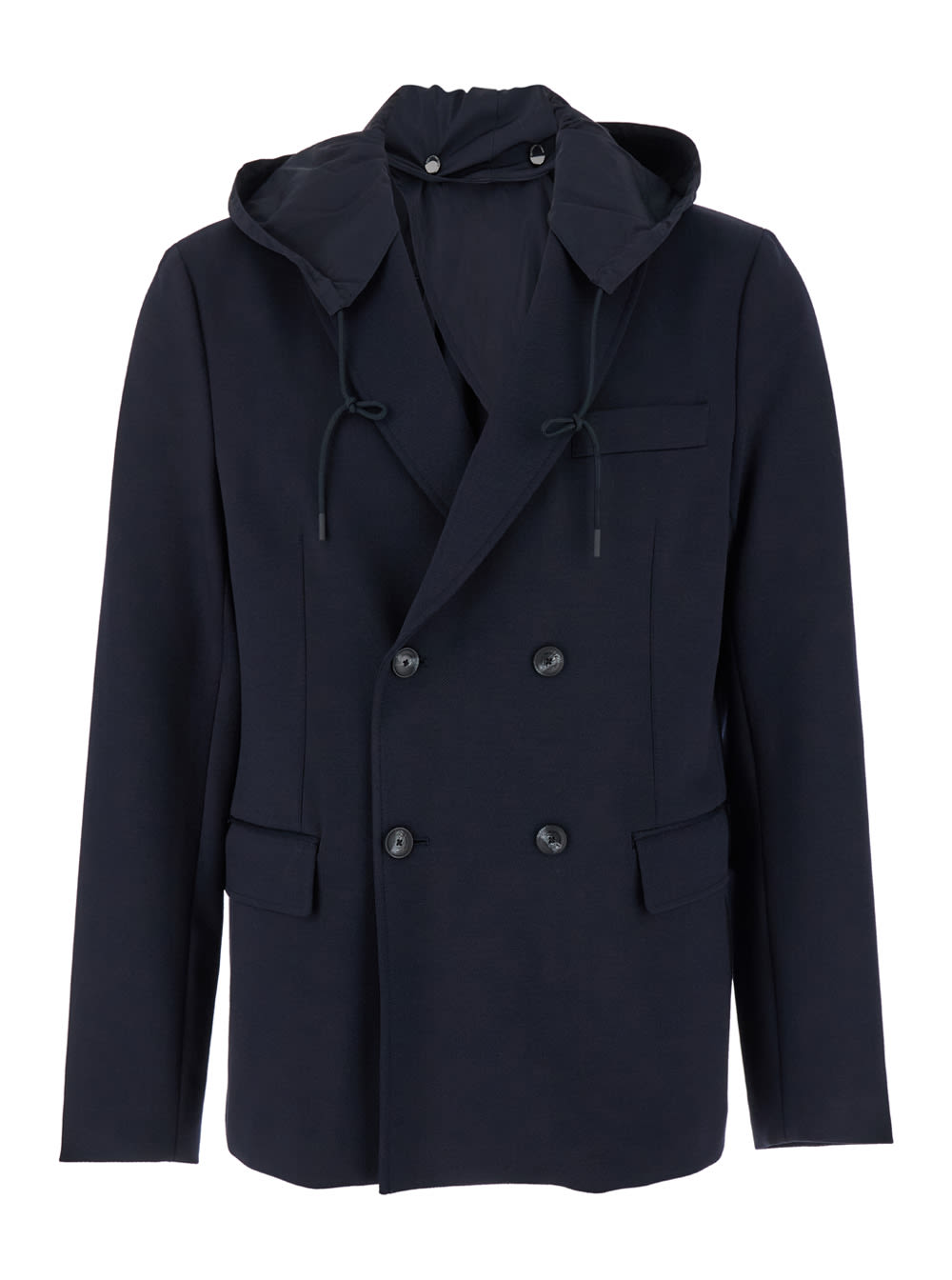 Blue Double-breasted Jacket With Detachable Hood In Wool Blend Man