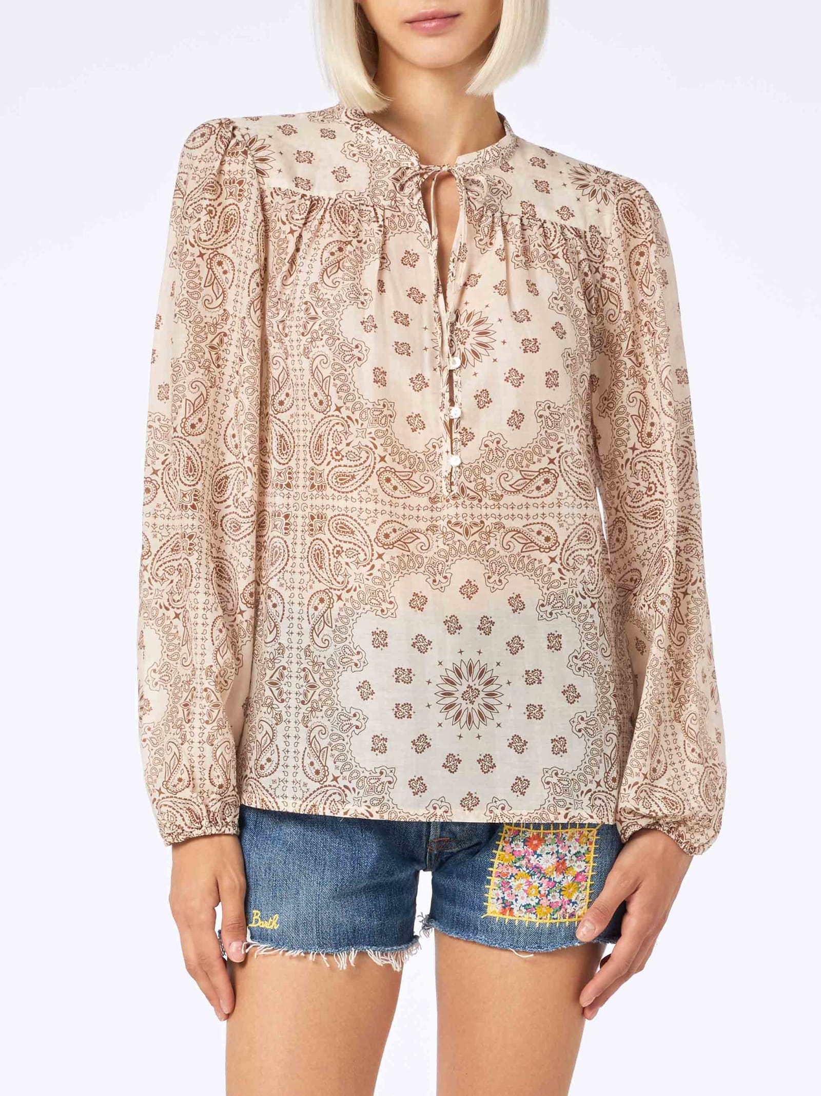 Mc2 Saint Barth Woman Silk Voile Blouse Harper With Bandanna Print In White