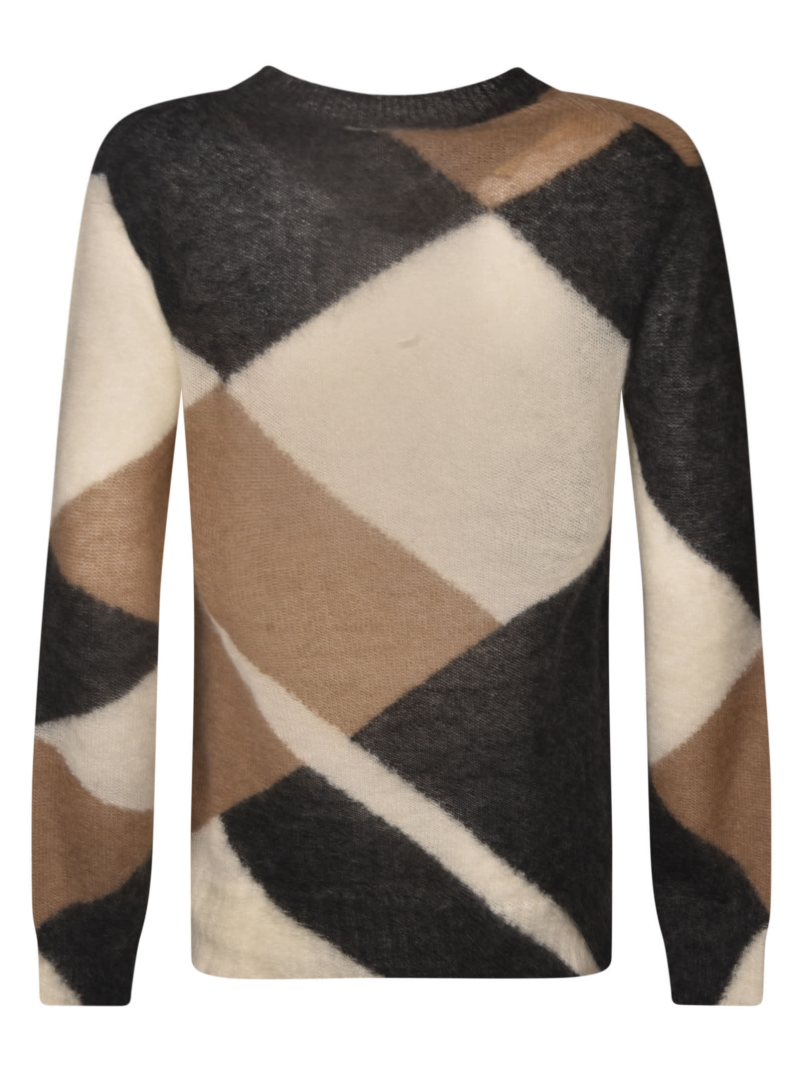 Shop P.a.r.o.s.h Round Neck Fur Applique Colourblock Sweater In Beige