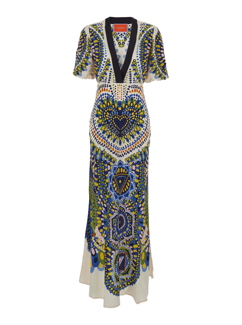 marlene Multicolor Long Flared Dress With V Neck And All-over Graphic Print In Silk Woman