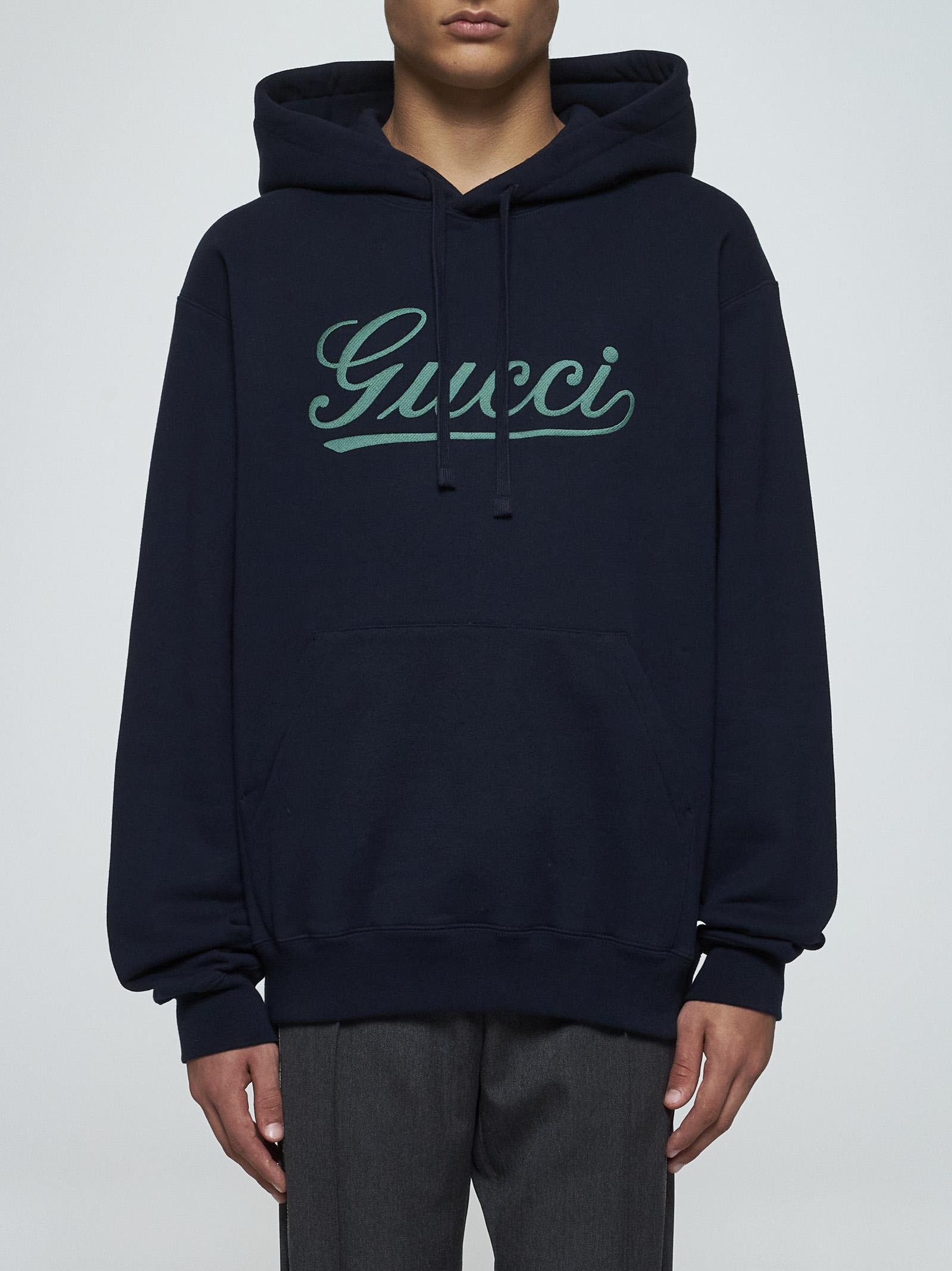 Shop Gucci Logo Cotton Hoodie In Blue