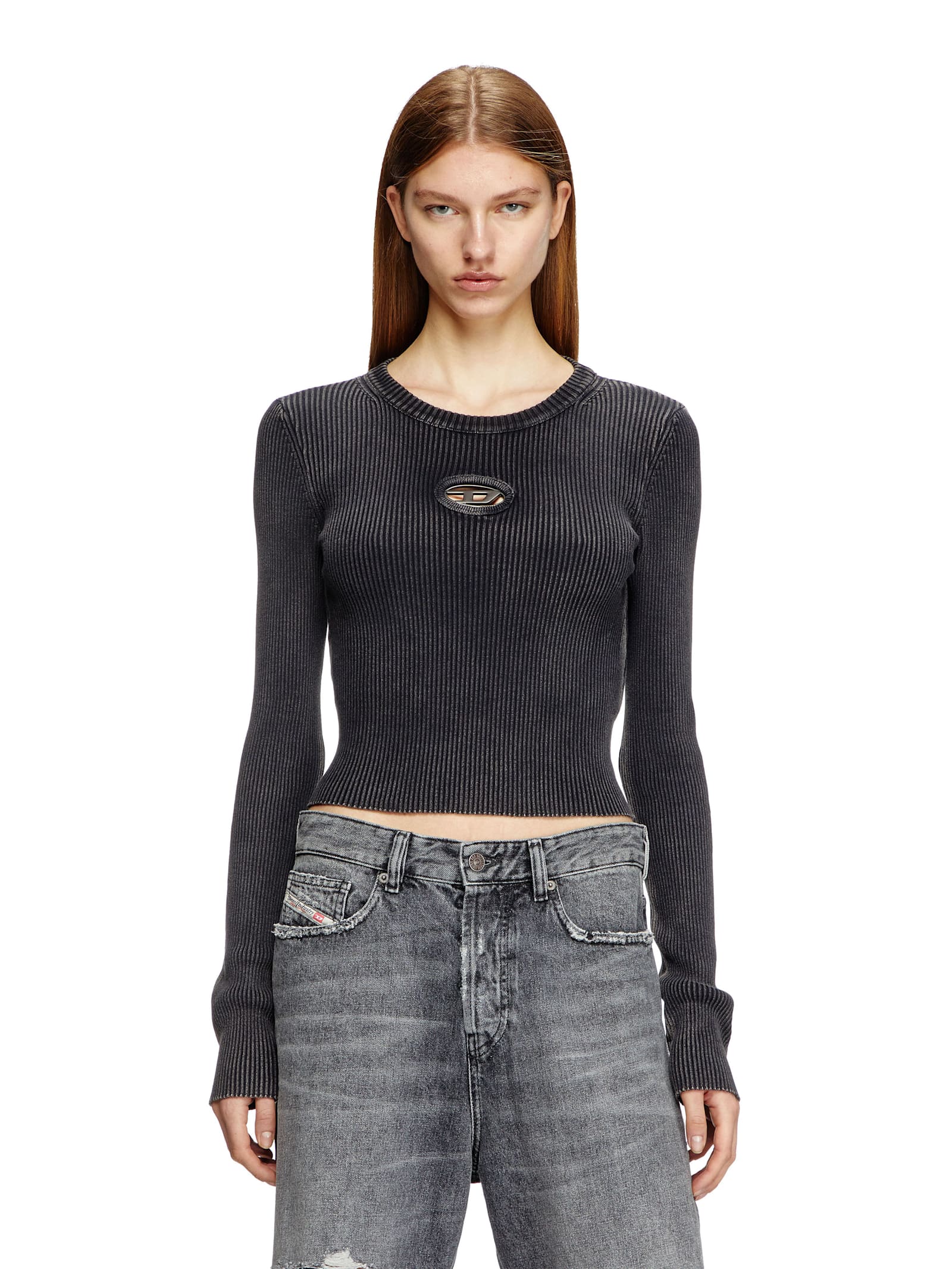 Diesel M-anchor-a Cropped Denim Sweatshirt With Cut-out Detail In Black