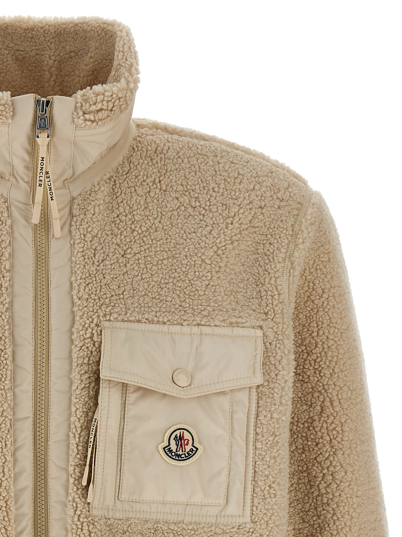 Moncler Teddy Zip-up Sweatshirt With Nylon Pocket In Neutral