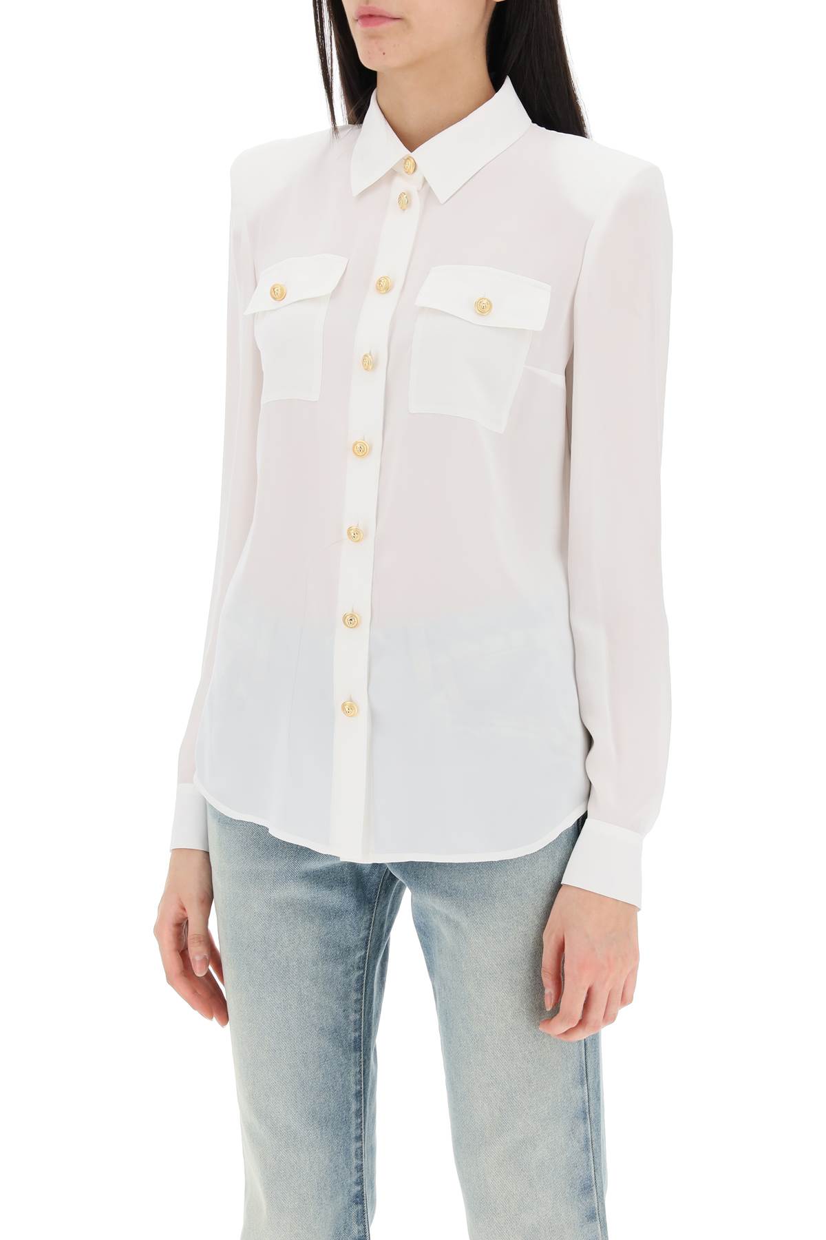 Shop Balmain Silk Shirt With Padded Shoulders In Ofa Blanc