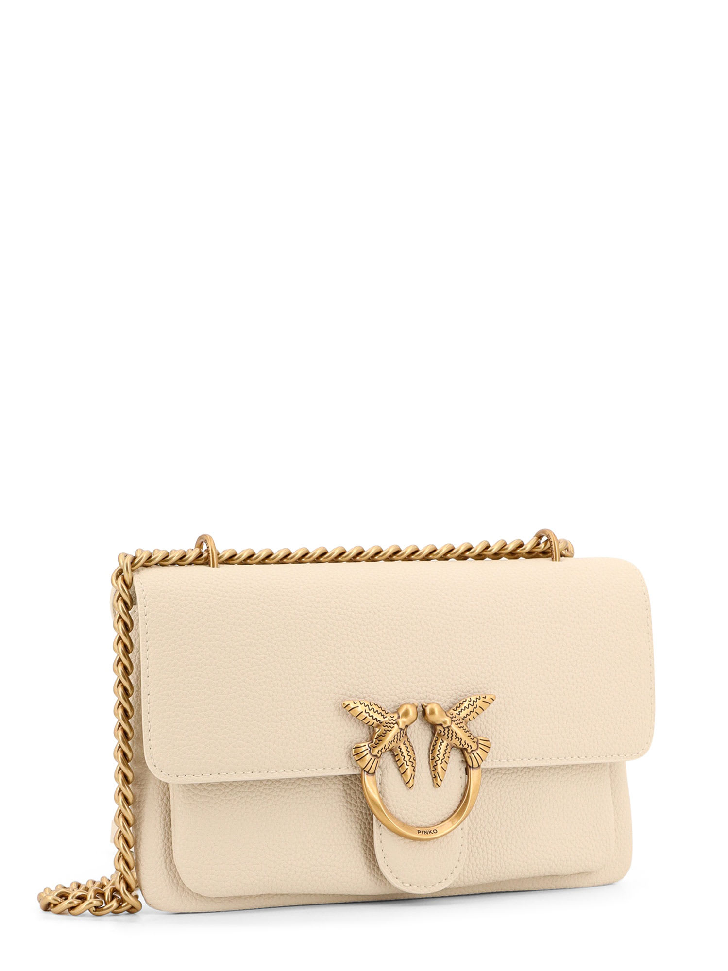 Pinko Leather Shoulder Bag With Metal Love Birds Buckle In Neutral