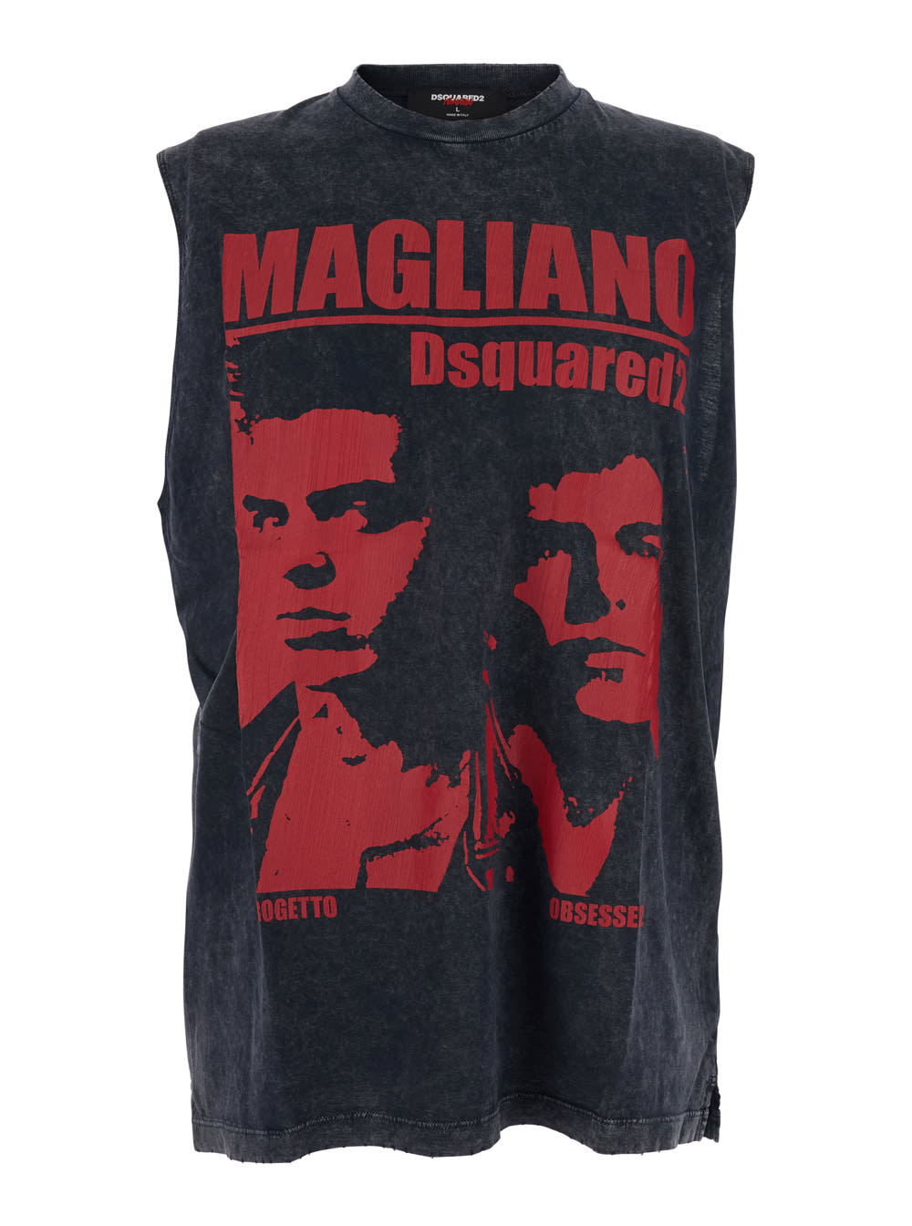Dsquared2 D2 X Magliano Black Crew Neck Top With Logo Lettering And Front Print In Cotton Man In Black